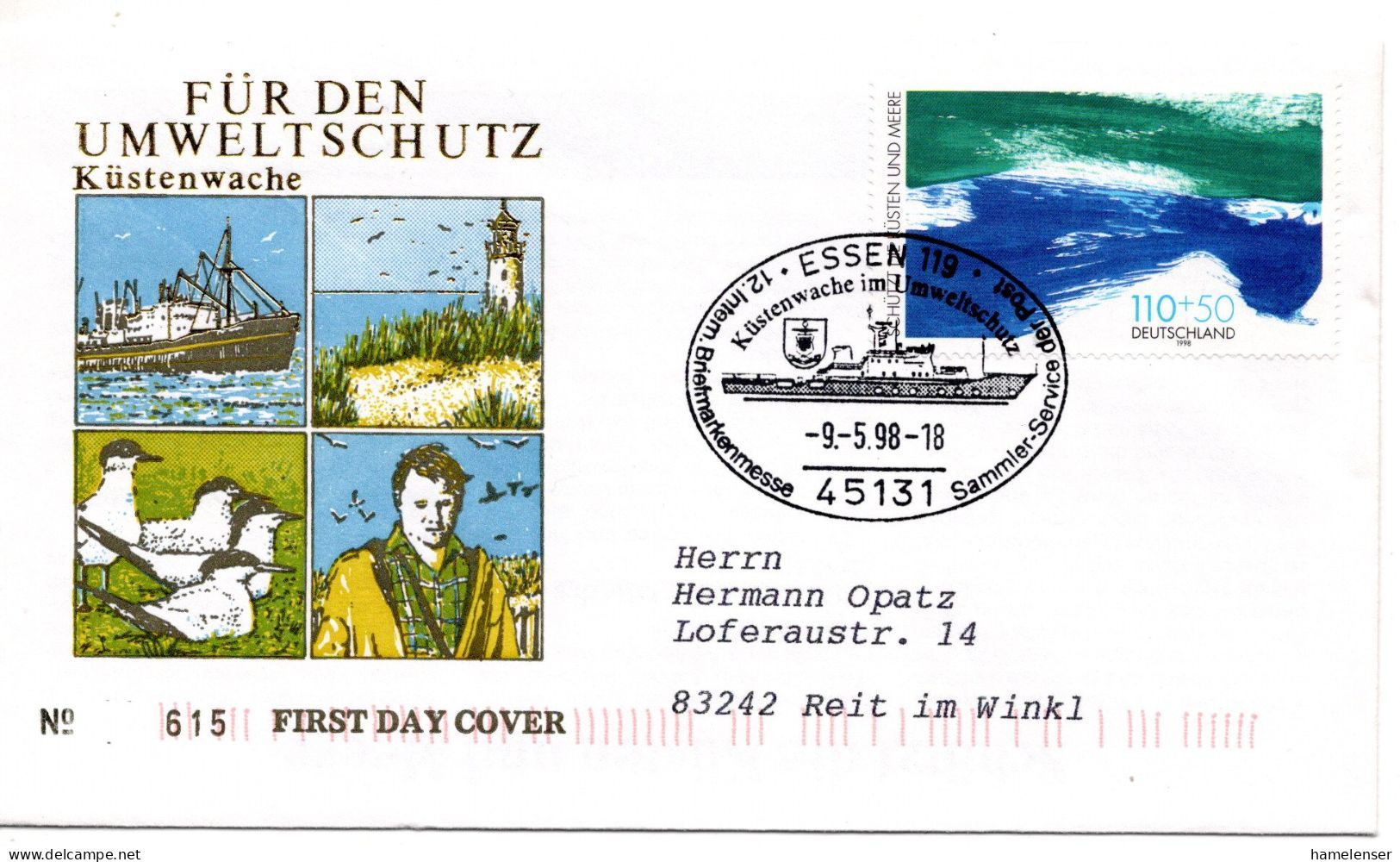 62675 - Bund - 1998 - 100Pfg Umweltschutz EF A FDC SoStpl ESSEN - ... KUESTENWACHE ... -> Reit Im Winkl - Maritime