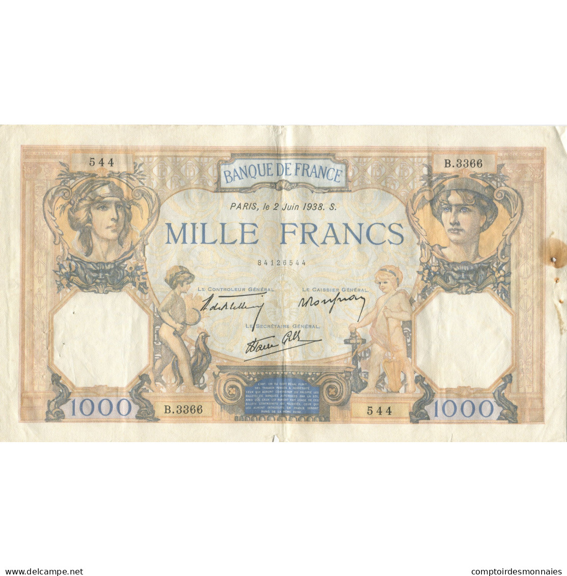 France, 1000 Francs, Cérès Et Mercure, 1938, 1938-06-02, TB, Fayette:38.17 - 1 000 F 1927-1940 ''Cérès E Mercure''