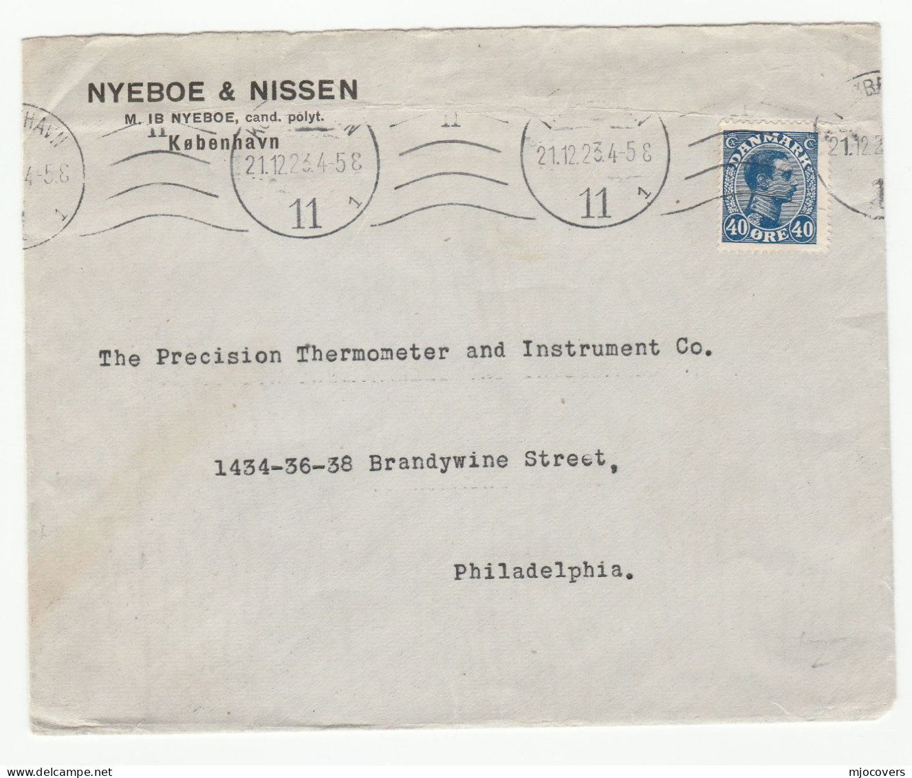 1923 NYEBOE Co DENMARK To PRECISION THERMOMETER Co Philadelphia USA Cover Gas Heating Energy Pioneer Stamps - Gaz