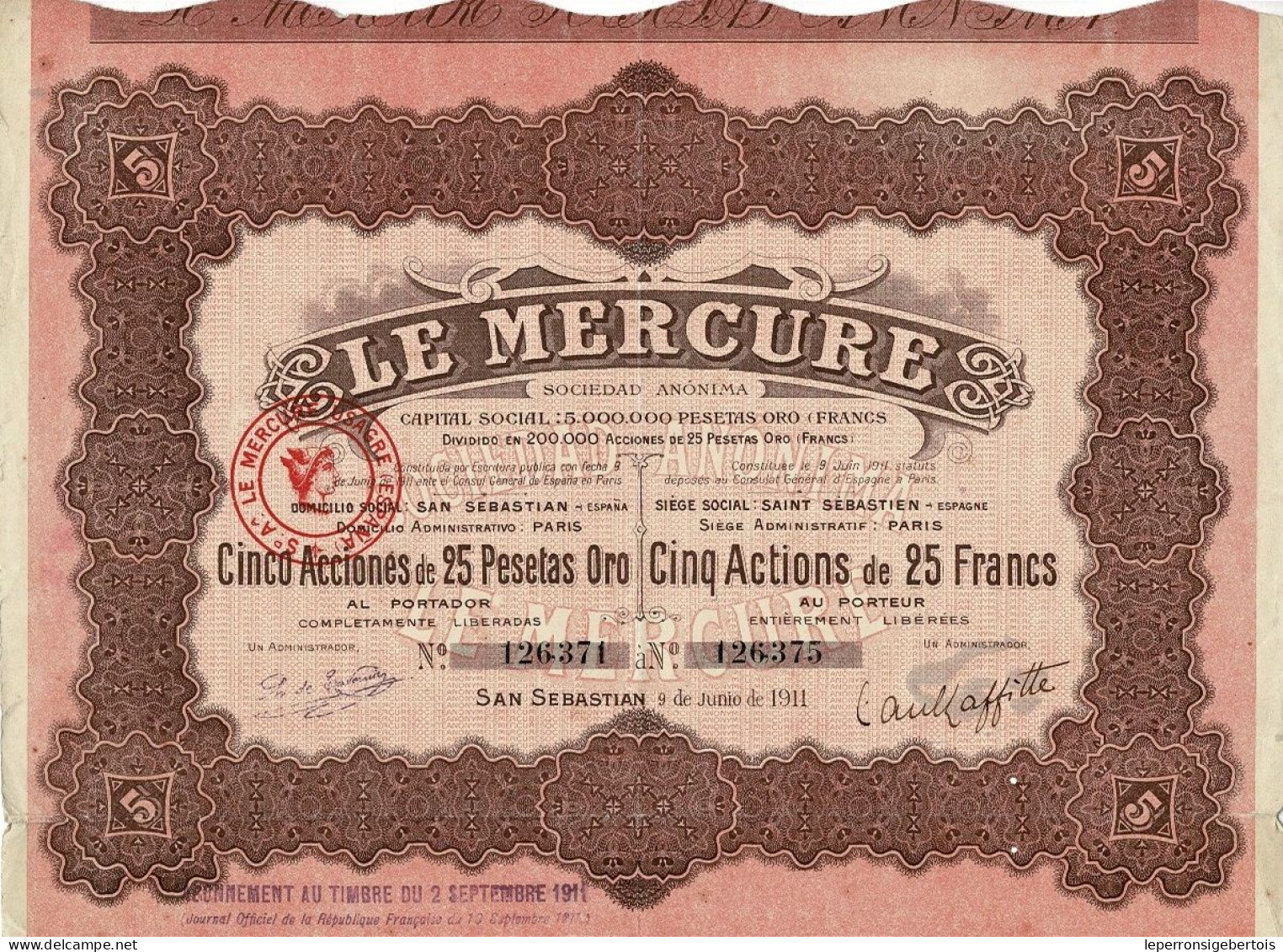 - Titulo De 1911 - Le Mercure - Sociedad Anónima - Déco - Tourisme