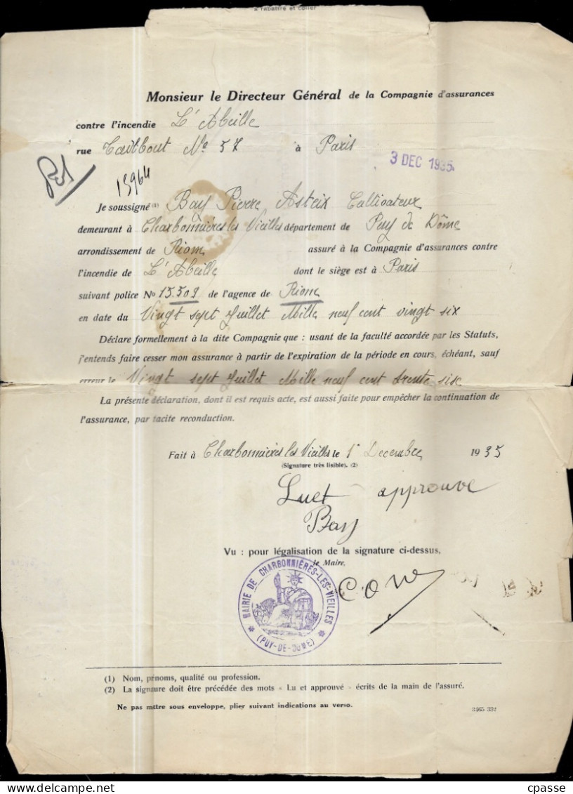 1935 Lettre Recommandée 63 Charbonnières-Les-Vieilles Avec Type Paix 284A + 286 Résiliation D'Assurance Via La Mairie - 1932-39 Paix