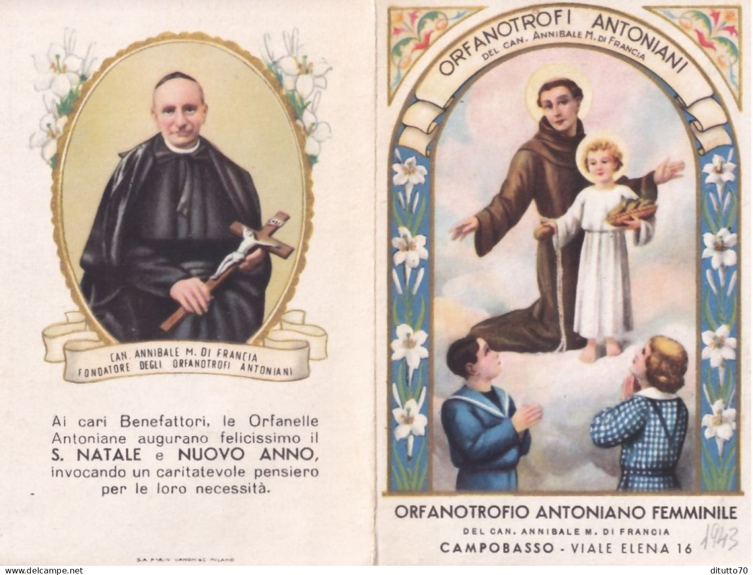 Calendarietto - Orfanotrofio Antoniano Femminile - Campobasso - Anno 1943 - Petit Format : 1941-60