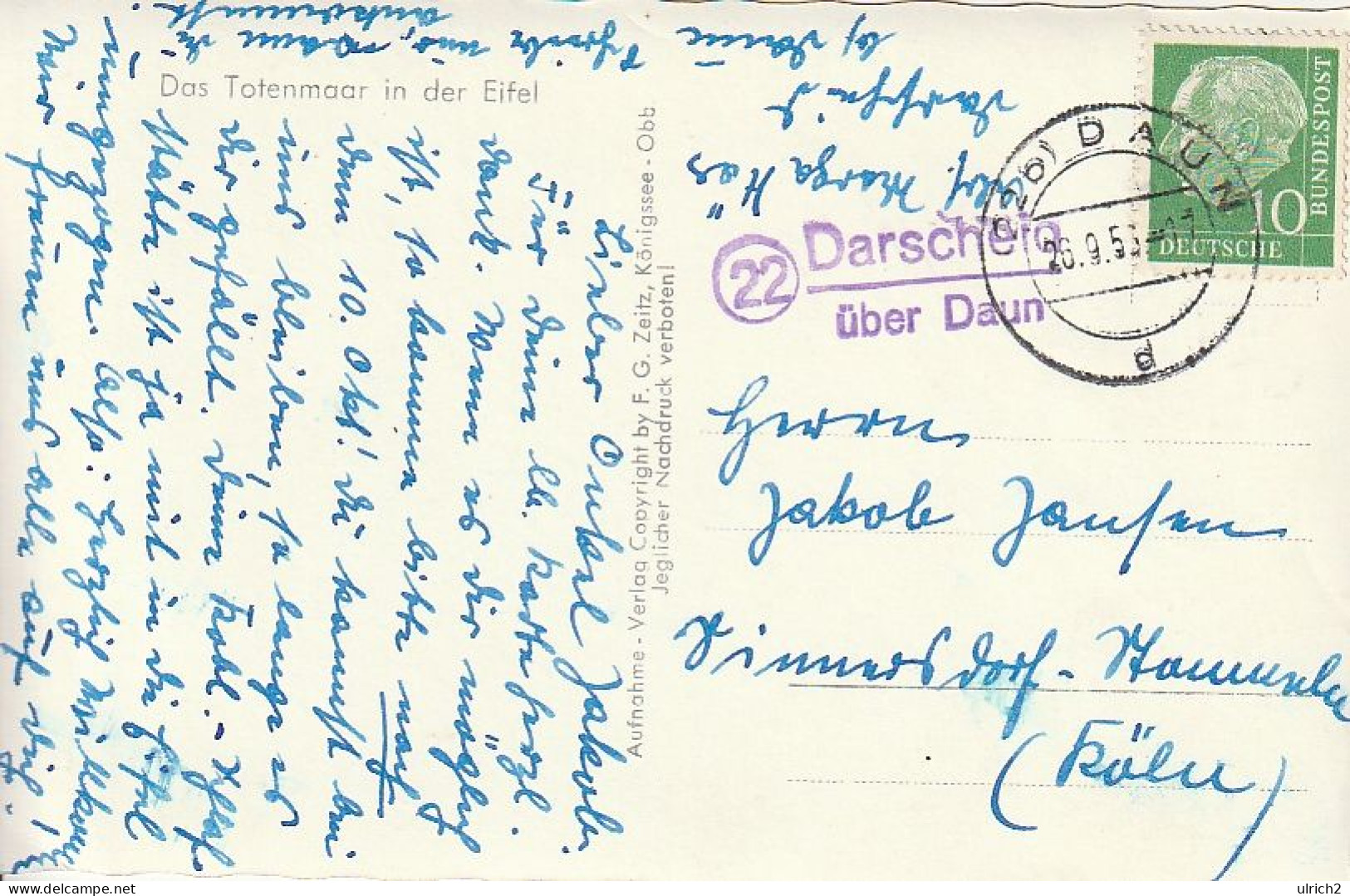 AK Totenmaar In Der Eifel - Stempel Darscheid über Daun - 1953 (67912) - Daun