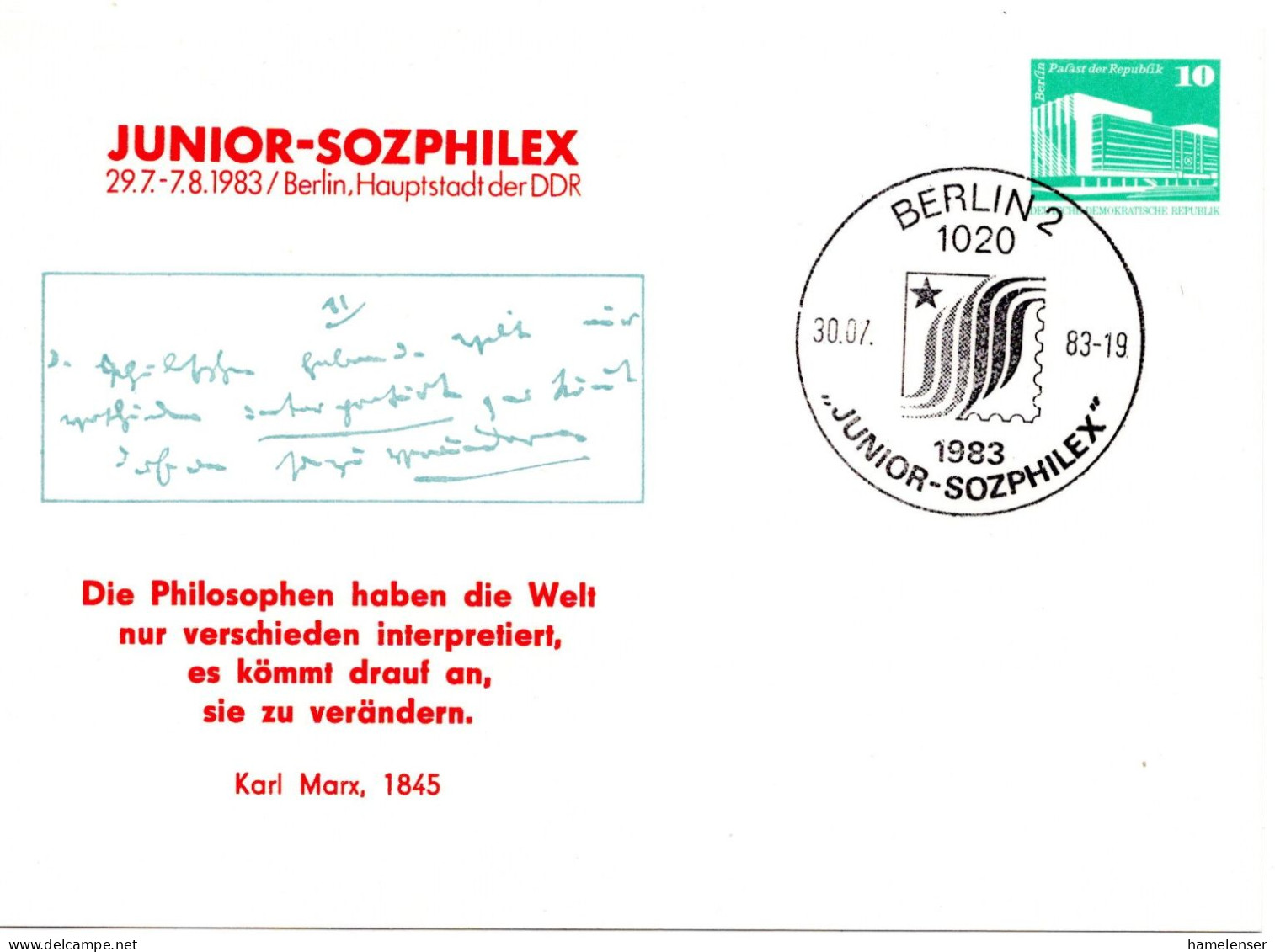 62688 - DDR - 1983 - 10Pfg Kl Bauten PGAKte "Junior-Sozphilex '83" SoStpl BERLIN - JUNIOR-SOZPHILEX 1983 - Briefmarkenausstellungen