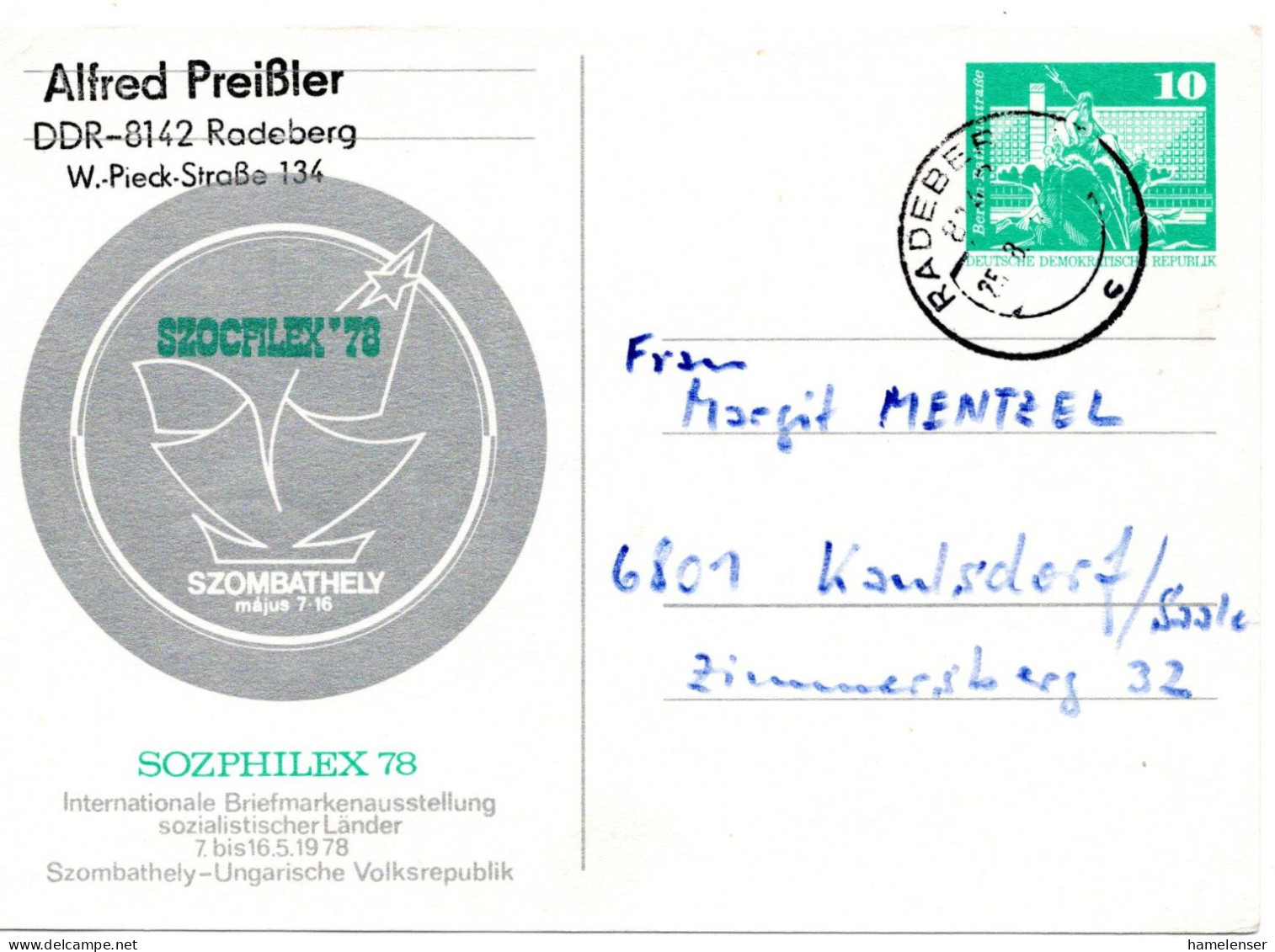62689 - DDR - 1978 - 10Pfg Gr Bauten PGAKte "Sozphilex '78" RADEBERG -> Kaulsdorf - Briefmarkenausstellungen
