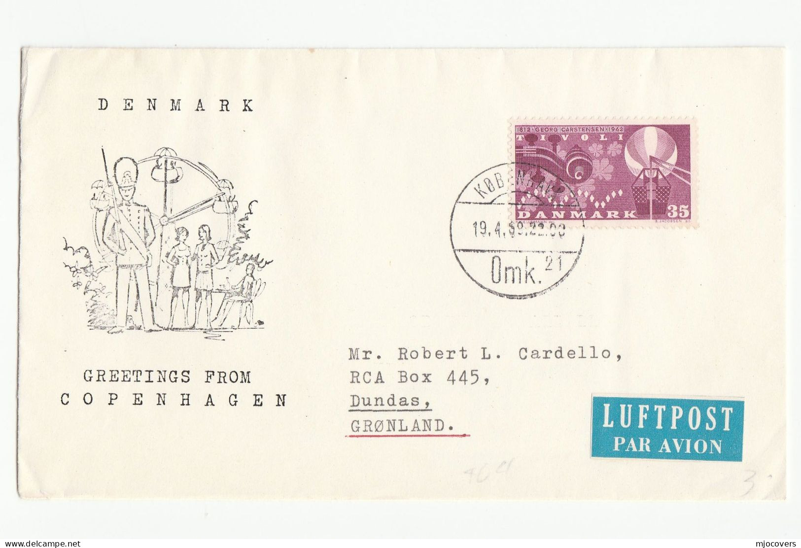 C1962 DENMARK Greetings COVER Soldier UNIFORM HAT FERRIS WHEEL Pmk OMK 21 Copenhagen CARSTENSEN MUSIC Stamps To Geenland - Covers & Documents