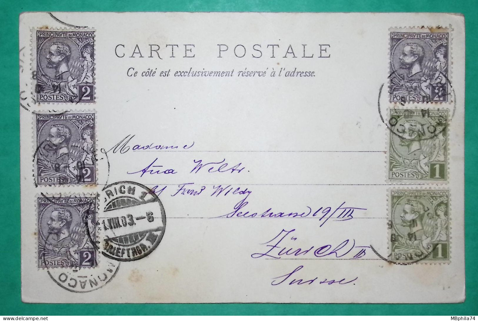 1C X2 + 2C X4 ALBERT Ier MONACO CARTE POSTALE AFFRANCHISSEMENT 10C  MONTECARLO POUR ZURICH SUISSE 1903 LETTRE COVER - Lettres & Documents