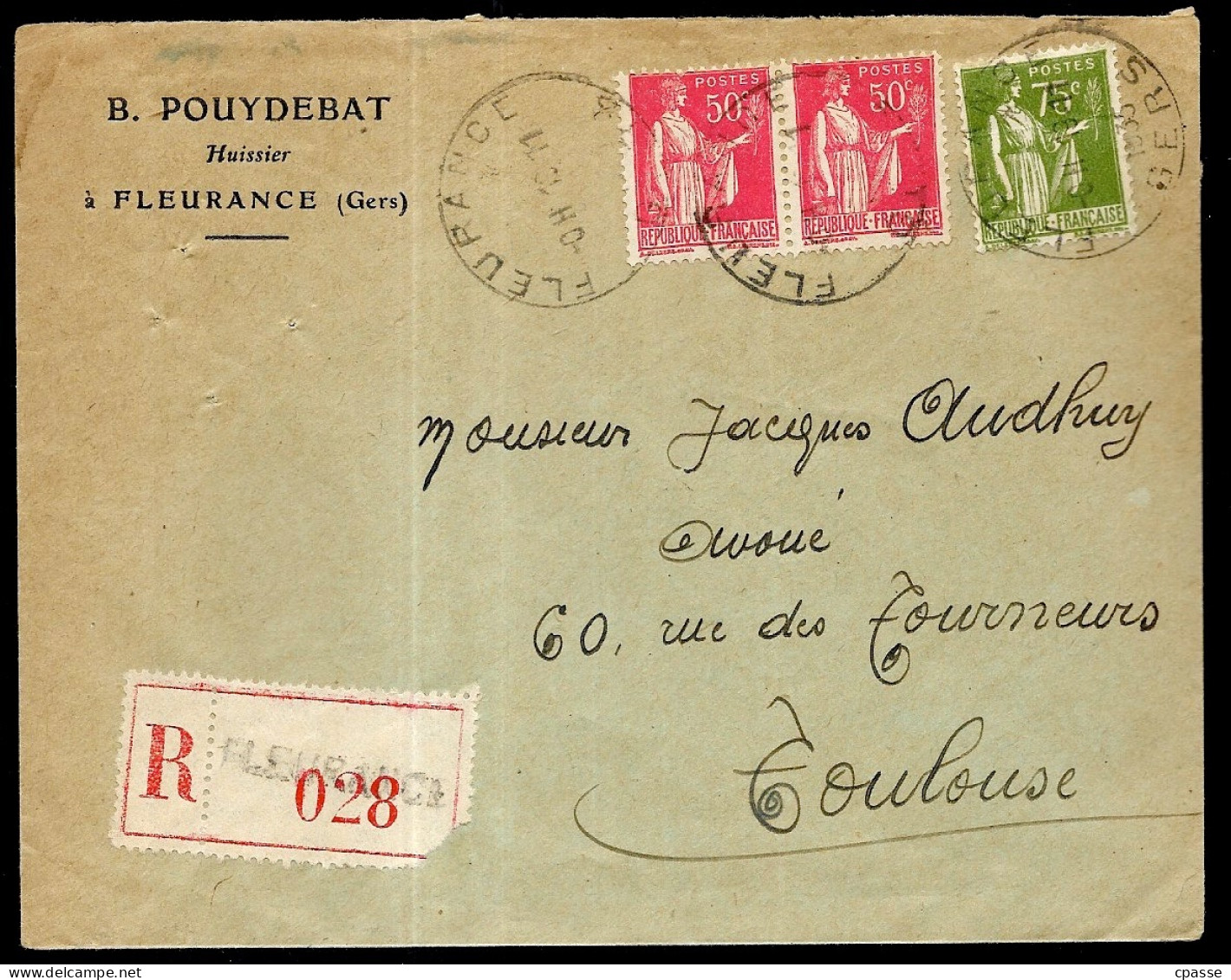 1935 Lettre Recommandée (32) FLEURANCE Gers, En-tête B. POUYDEBAT Avec Type Paix YT 283 (paire) + 284A Cachet Horoplan - 1932-39 Paix