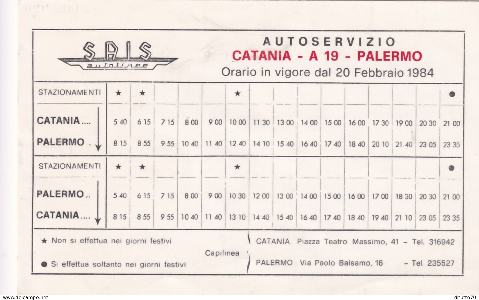 Calendarietto - SAIS - Autolinee - Catania - Palermo - Anno 1984 - Small : 1981-90