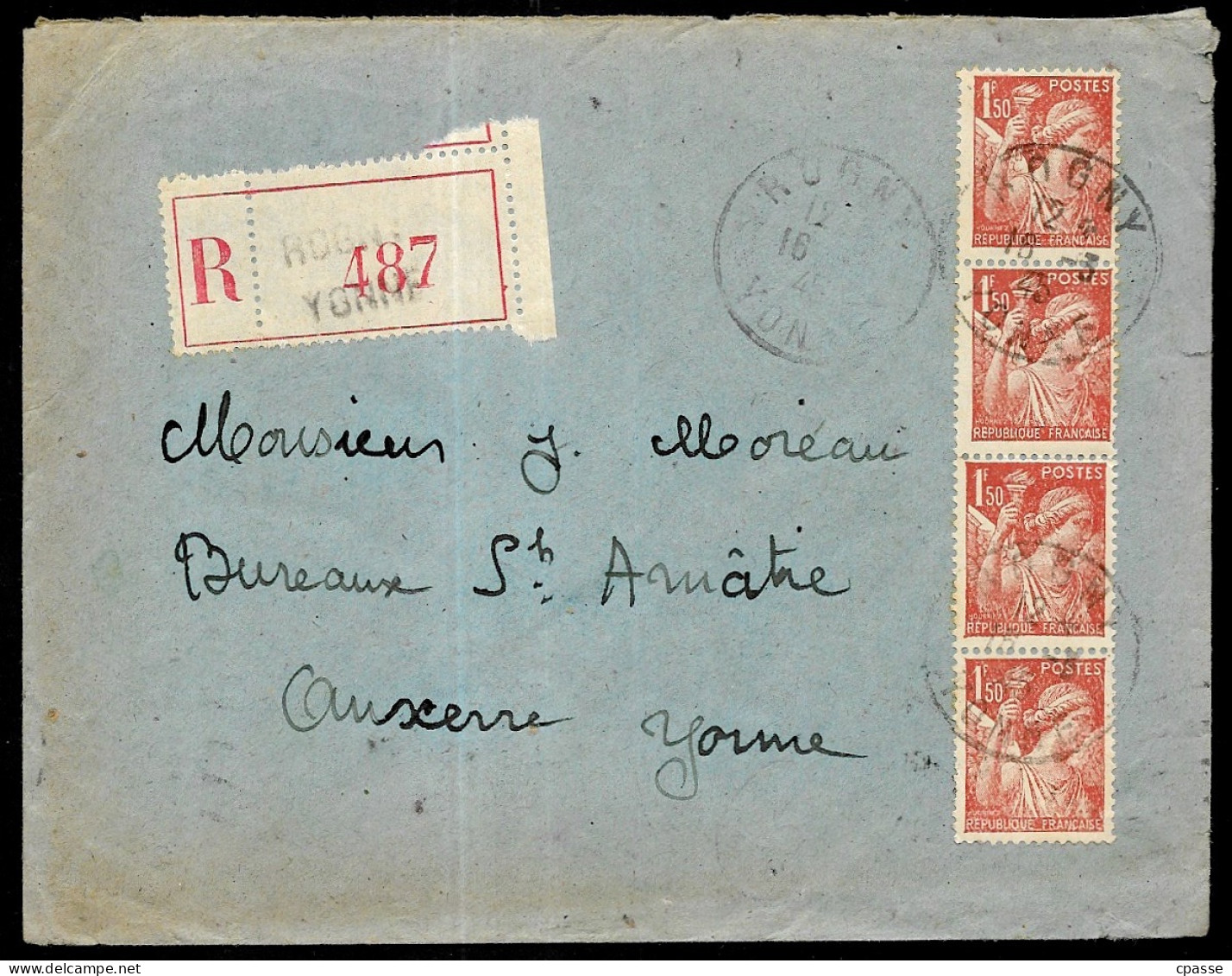 1945 Lettre Recommandée 89 ROGNY Yonne, Affranchissement Avec Bande De 4 Type Iris YT 652 - 1939-44 Iris