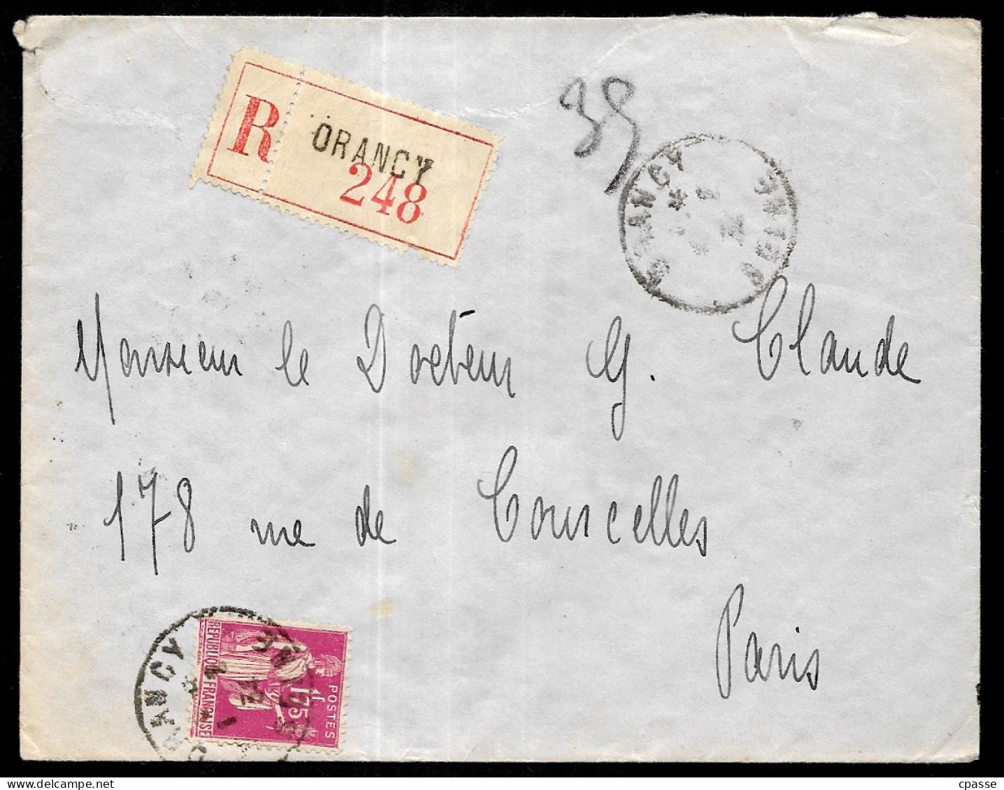 1934 Lettre Recommandée (93) DRANCY, Affranchissement Avec Type Paix YT 289 Seul Sur Lettre - 1932-39 Paix