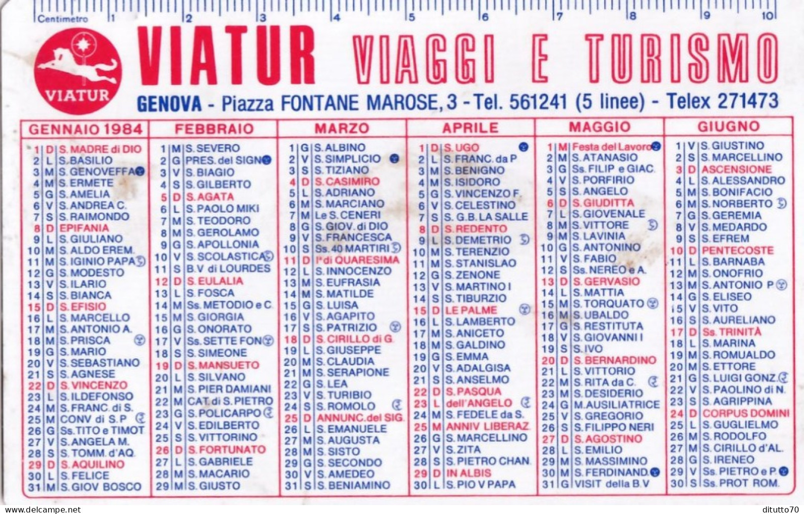 Calendarietto - Viatur - Viaggi E Turismo - Genova - Anno 1984 - Petit Format : 1981-90