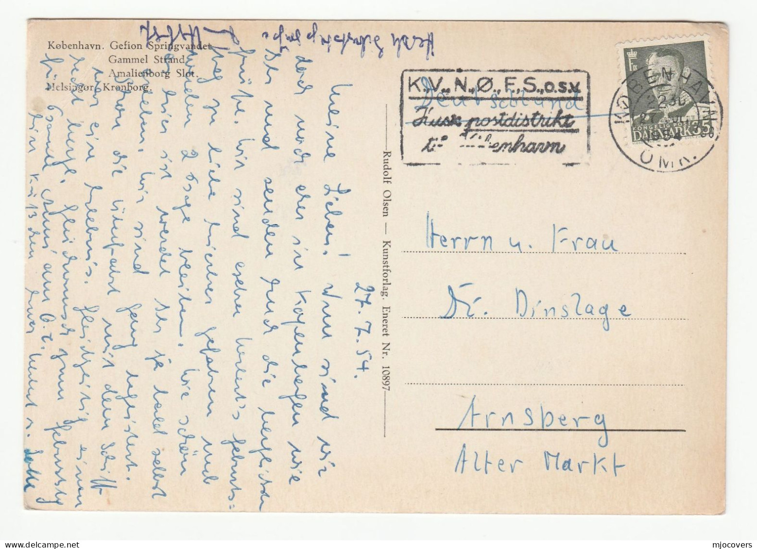 1954 DENMARK Postcard Sailing Soldier Fountain Copenhagen Stamps Cover - Storia Postale