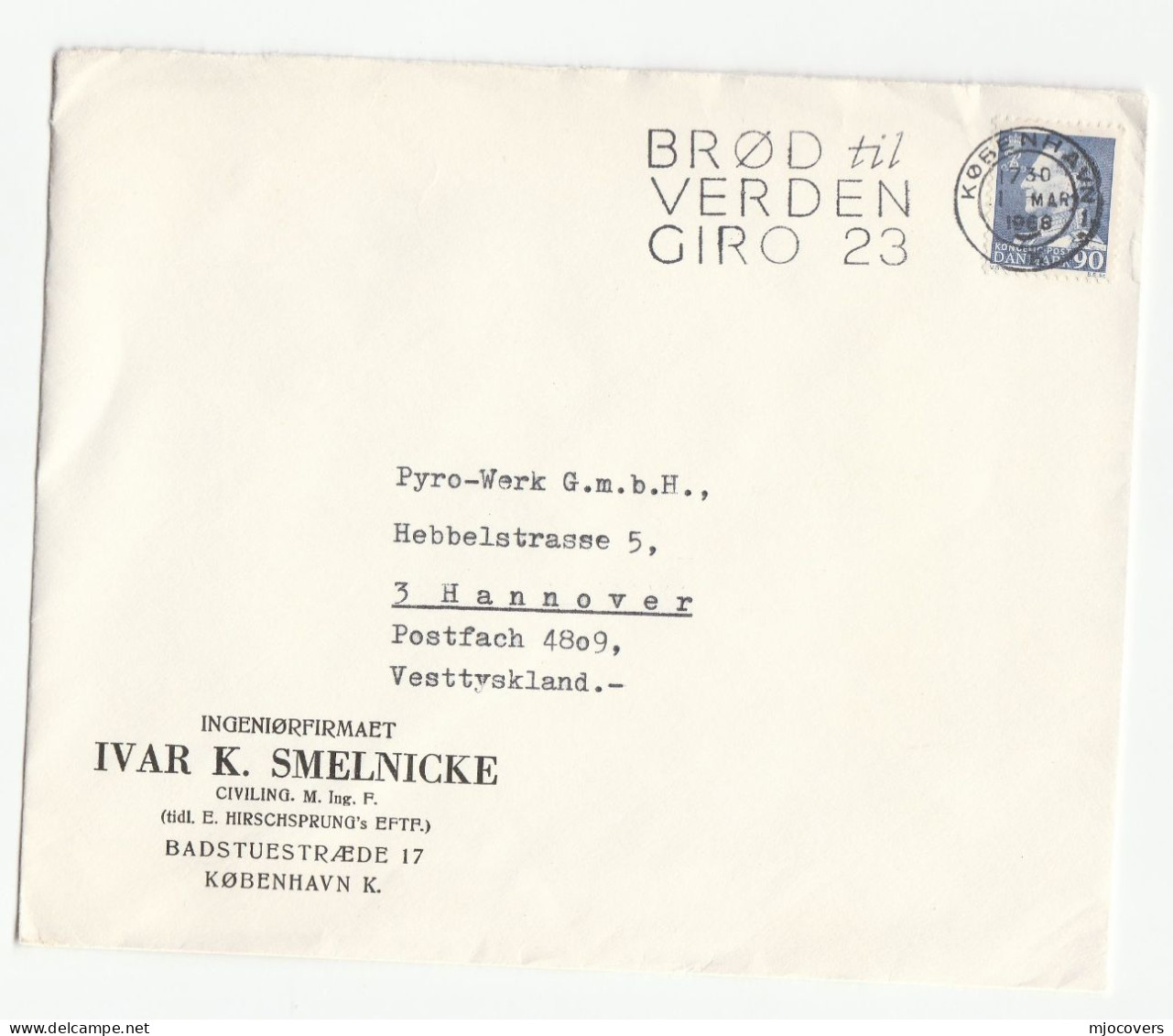 1968 Cover BREAD For The WORLD GIRO 23 Slogan DENMARK Smelnicke Engineer Airmail To Germany Stamps Freedom From Hunger - Covers & Documents