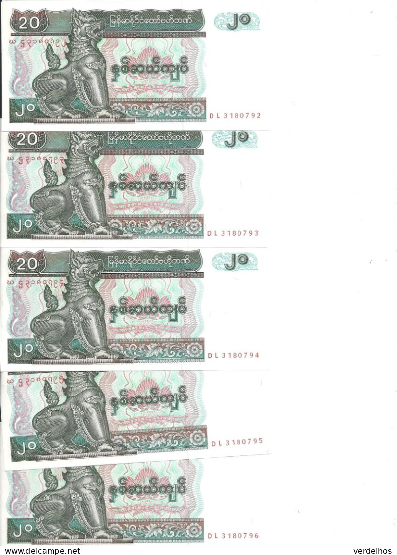 MYANMAR 20 KYATS ND1994 UNC P 72 ( 5 Billets ) - Myanmar
