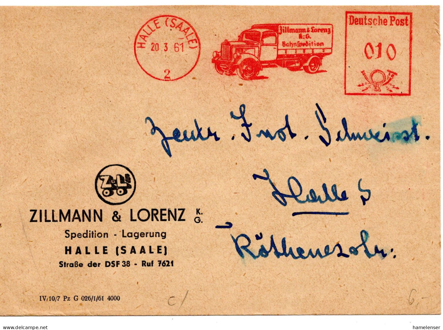 62944 - DDR - 1961 - 10Pfg AbsFreistpl "Zillmann & Lorenz" A OrtsBf HALLE - Camiones