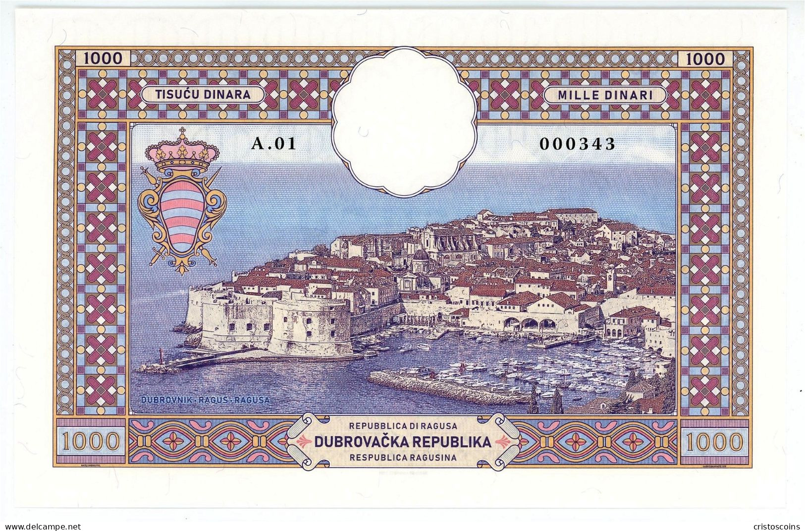 | Croazia Ragusa 1000 Dinara 2019 Esemplare "Ragusa / Dubrovnik P- (B/74EB - Kroatien