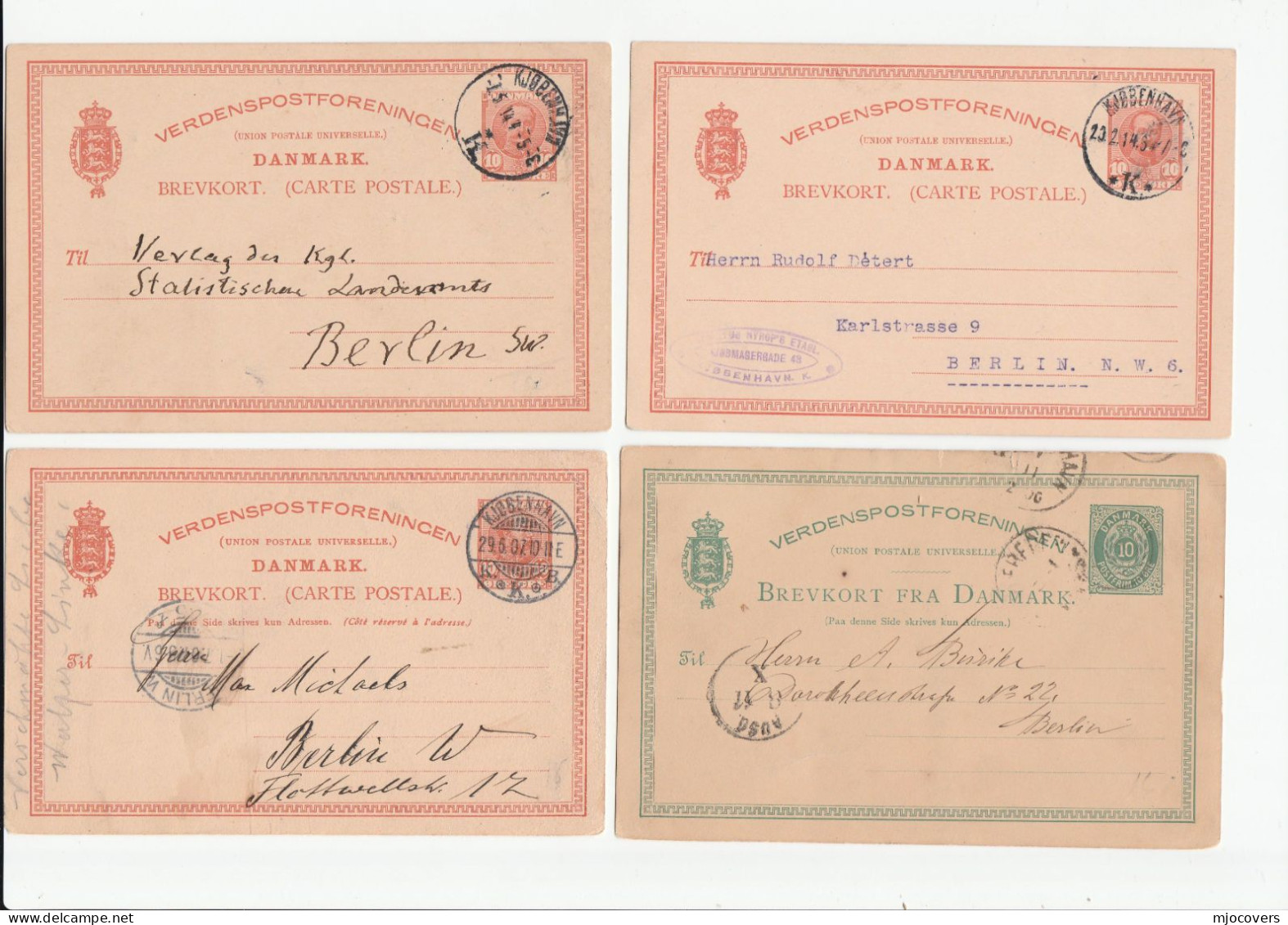 1880 - 1914 4 X Denmark To Berlin Germany POSTAL STATIONERY CARDS Cover Stamps Card - Postwaardestukken