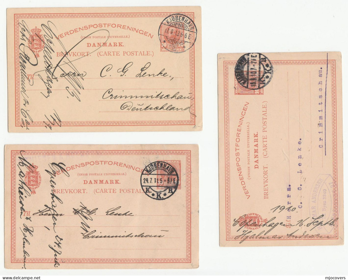 1910 -1913 3 X Denmark To Crimmitschau Germany POSTAL STATIONERY CARDS Cover Stamps Card - Ganzsachen