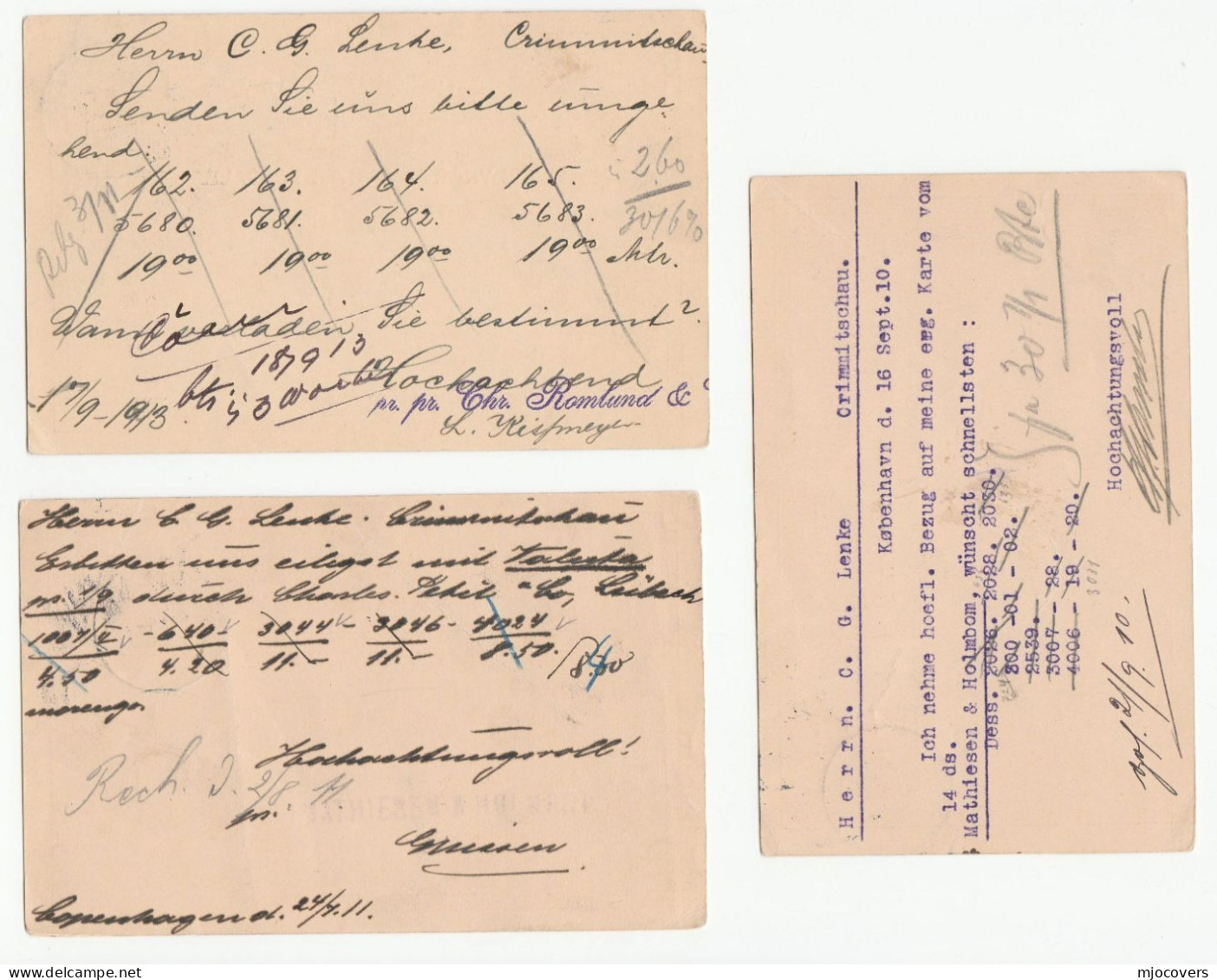 1910 -1913 3 X Denmark To Crimmitschau Germany POSTAL STATIONERY CARDS Cover Stamps Card - Postwaardestukken