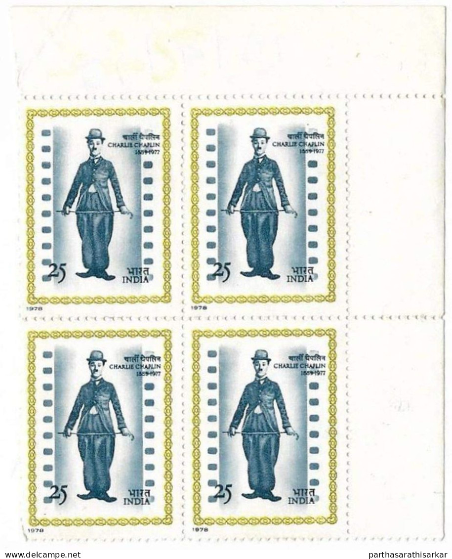 INDIA 1978 CHARLIE CHAPLIN COMMEMORATION BLOCK OF 4 STAMPS MNH - Nuevos