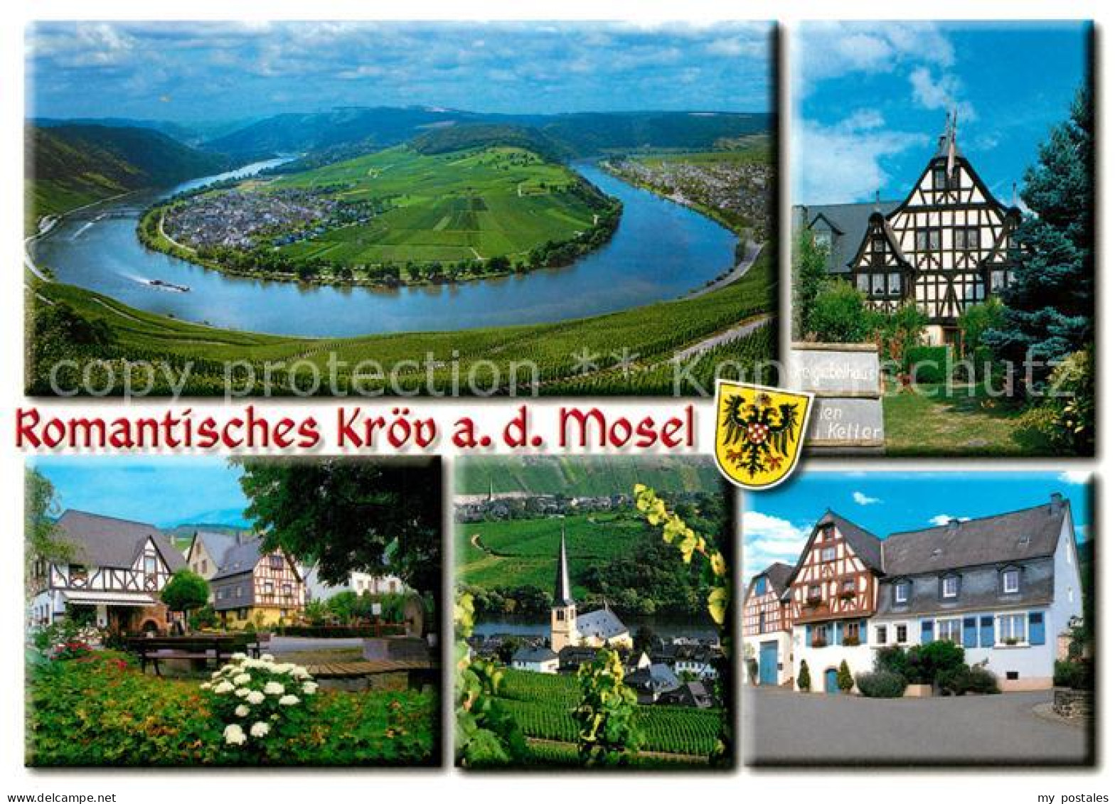 73176375 Kroev Mosel Panorama Moseltal Moselschleife Dreigiebelhaus Fachwerkhaus - Kröv