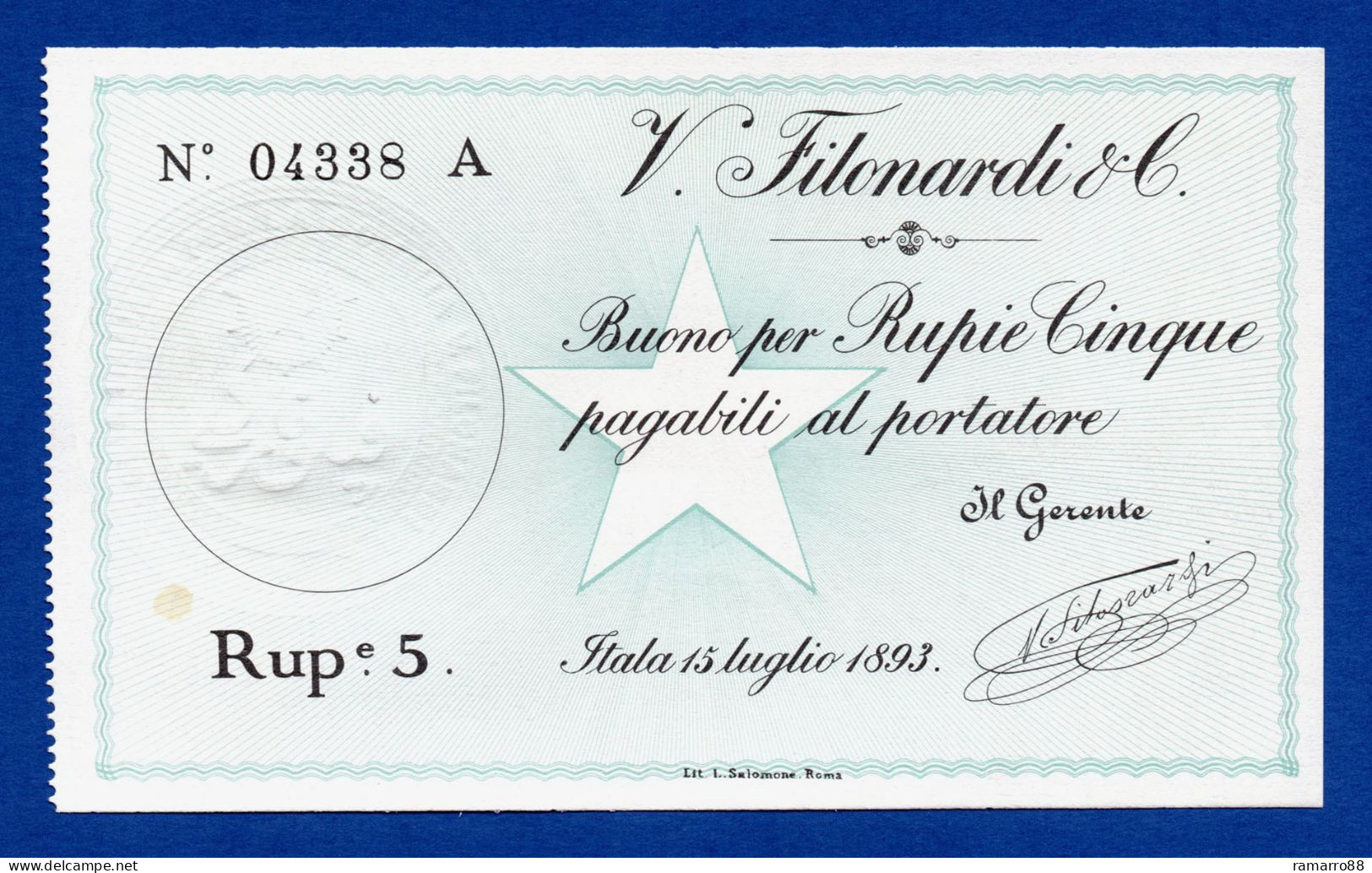 Somalia Italiana 5 Rupie Filonardi 1893 / Italian Somaliland 5 Rupias 1893 - R4 - Pick # 1 - Au~Unc - Terra Di Somalia