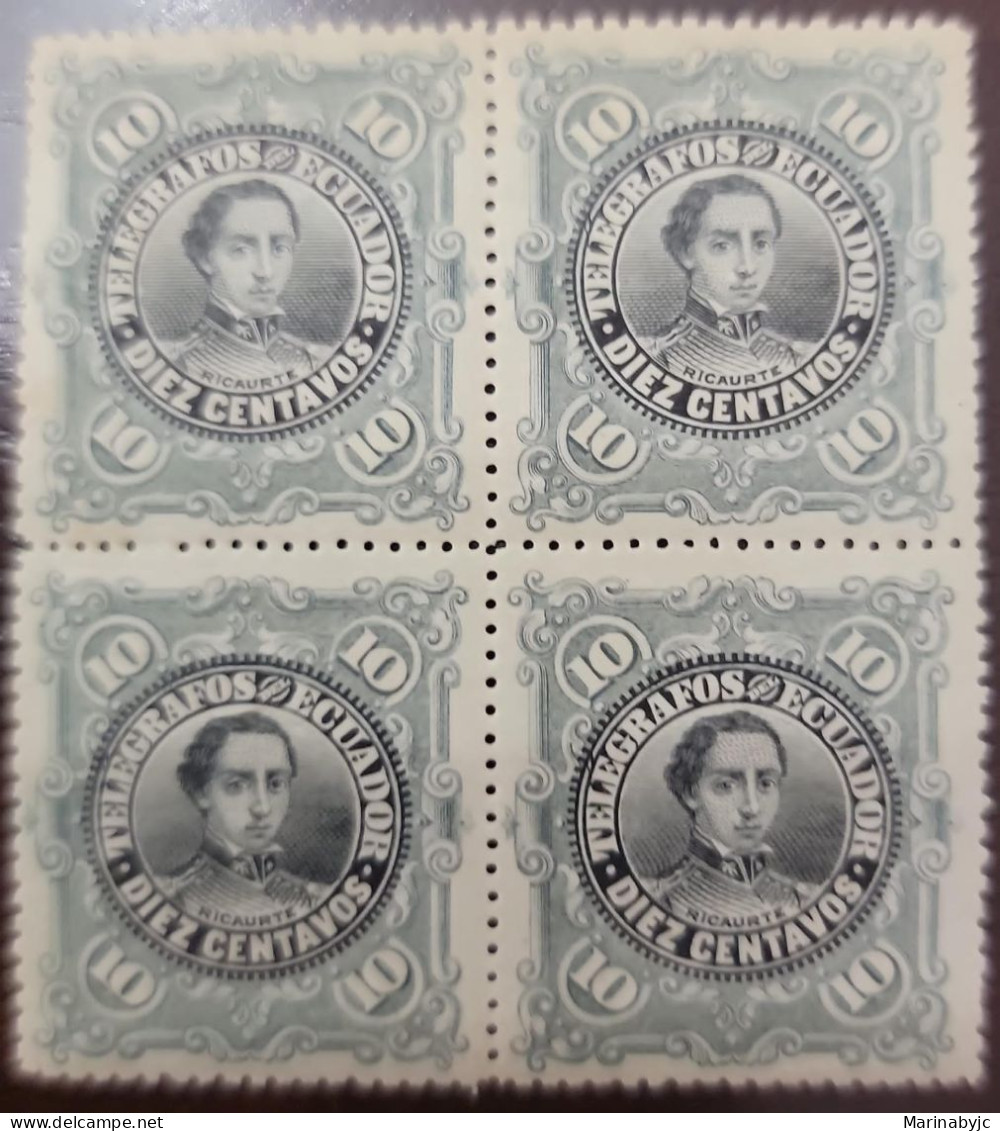 P) 1900 ECUADOR, TELEGRAPHS, REVENUES, ANTONIO RICAURTE, MILITARY OFFICERS, BLOCK OF 4, MNH - Equateur