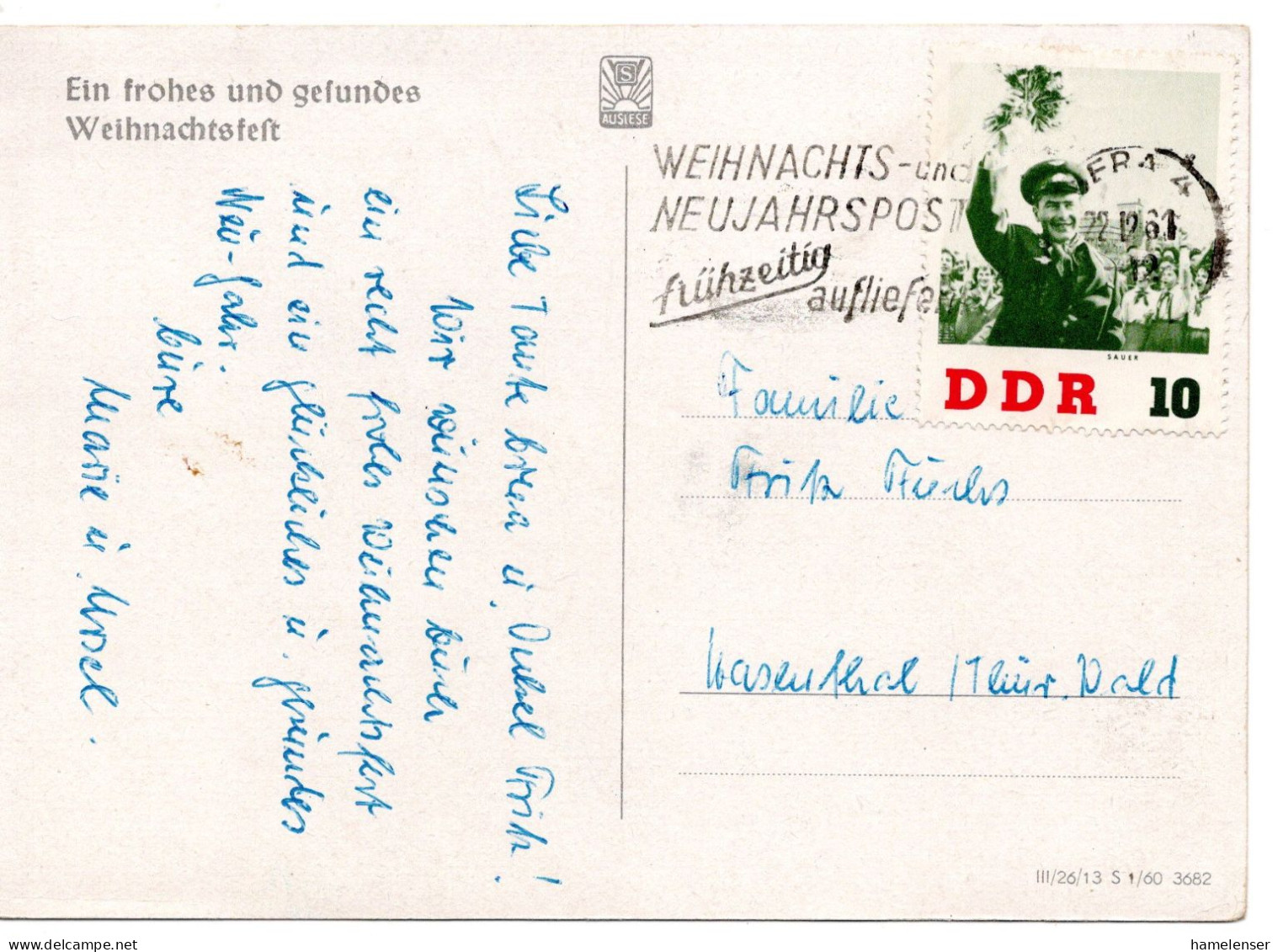 62963 - DDR - 1961 - 10Pfg Titow-Besuch EF A AnsKte GERA - ... -> Hasenthal - Europa
