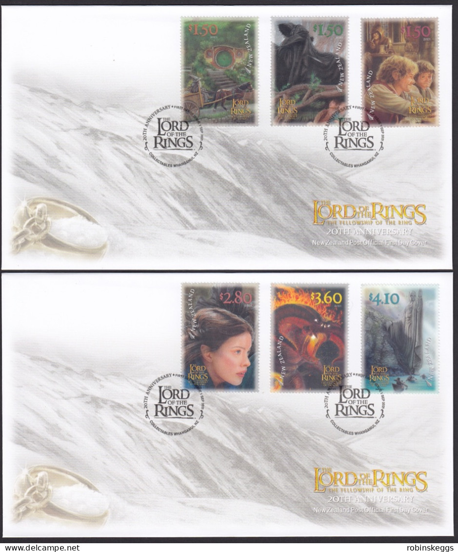 NEW ZEALAND 2021 Lord Of The Rings: Fellowship 20th Anniv., Set Of 6 On 2 FDC's - Fantasie Vignetten
