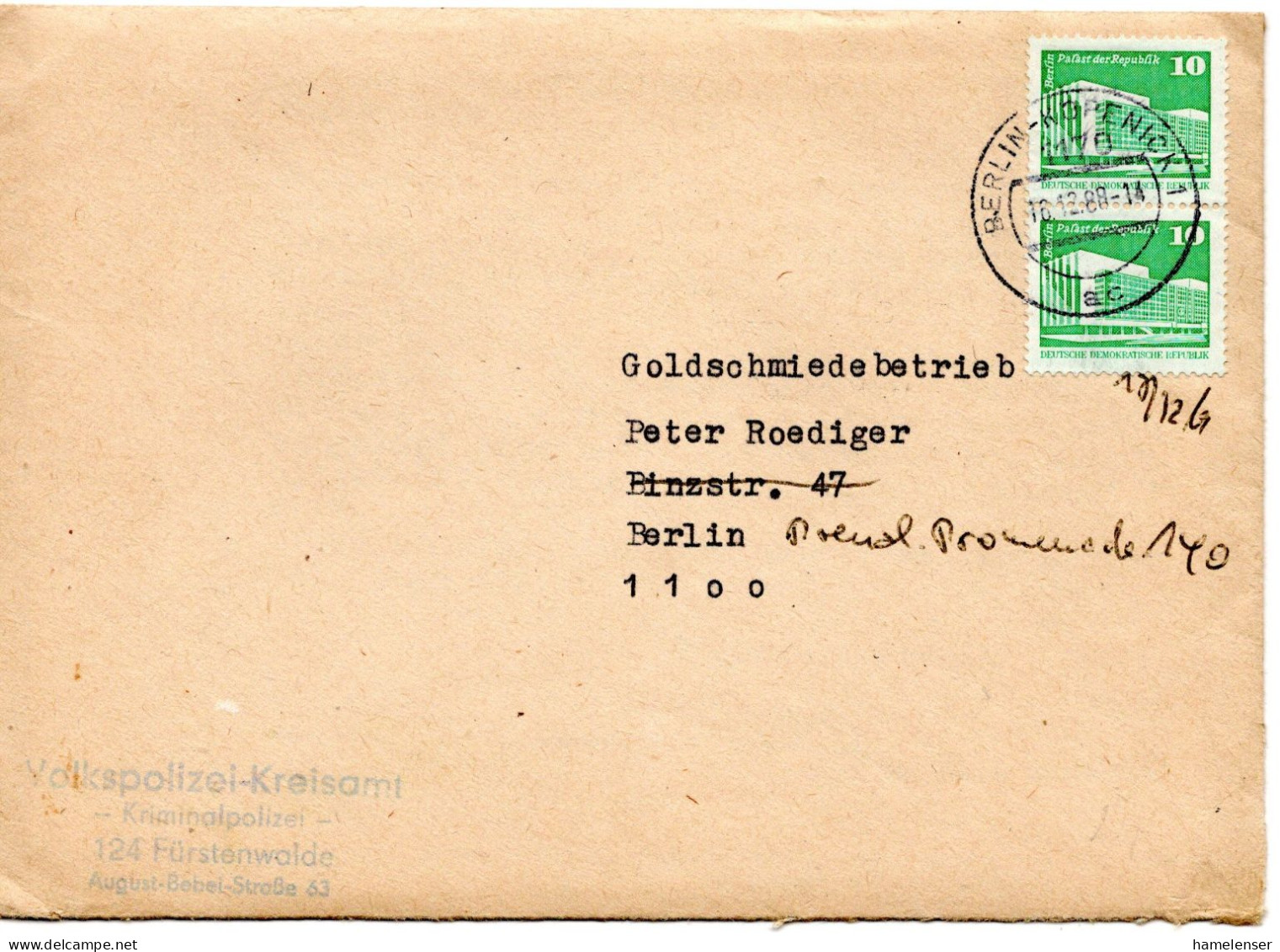 62976 - DDR - 1988 - 2@10Pfg Kl Bauten A OrtsBf BERLIN, Abs.: VoPo Kreisamt Fuerstenwalde, M Inhalt! - Cartas & Documentos
