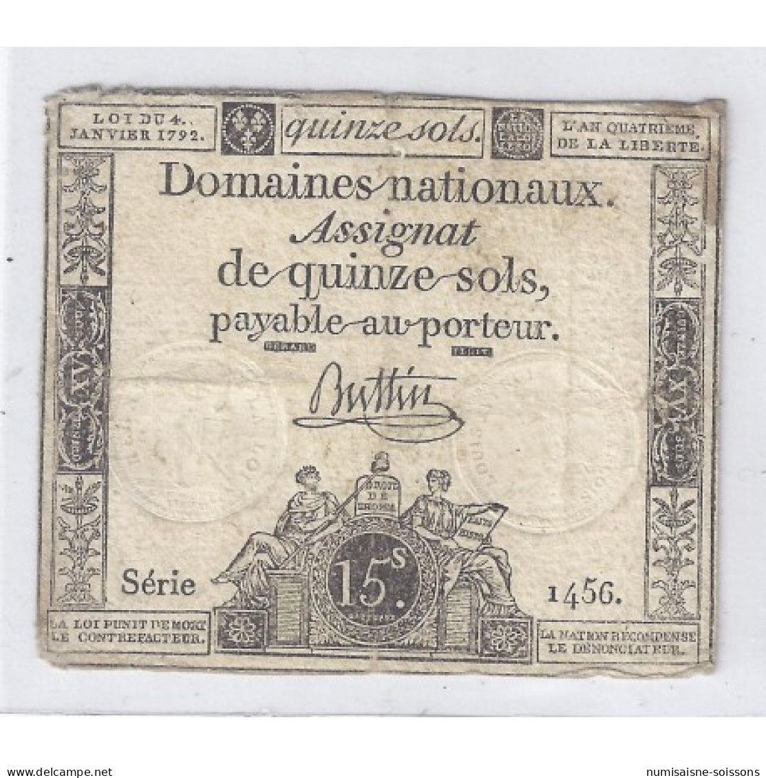 ASSIGNAT DE 15 SOLS - SERIE 1456 - 04/01/1792 - TB/TTB - Assignats & Mandats Territoriaux