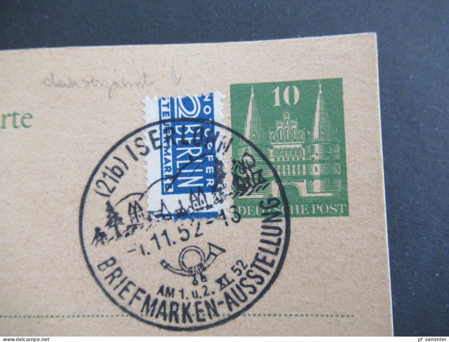 Bizone Bauten Ganzsache Mit Verzähnter Notopfer Marke Und Sonderstempel 1952 Iserlohn Briefmarken Ausstellung / Posthorn - Briefe U. Dokumente