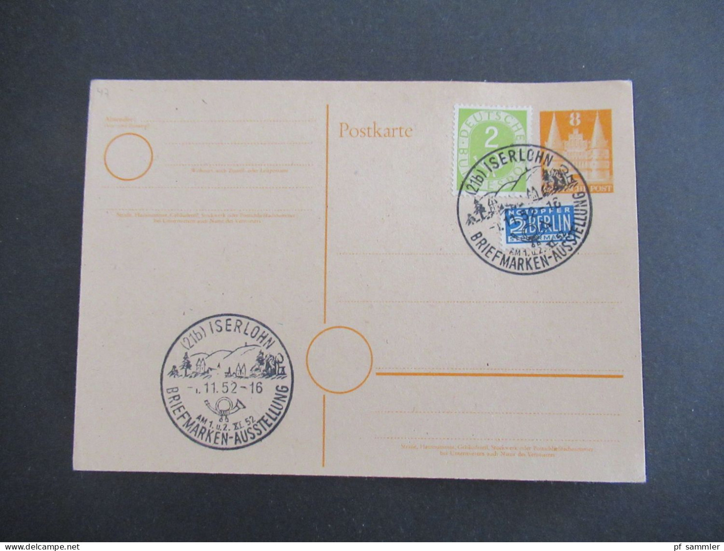 Bizone Bauten Ganzsache Mit Posthorn Nr.123 Und Sonderstempel 1952 Iserlohn Briefmarken Ausstellung / Posthorn - Storia Postale