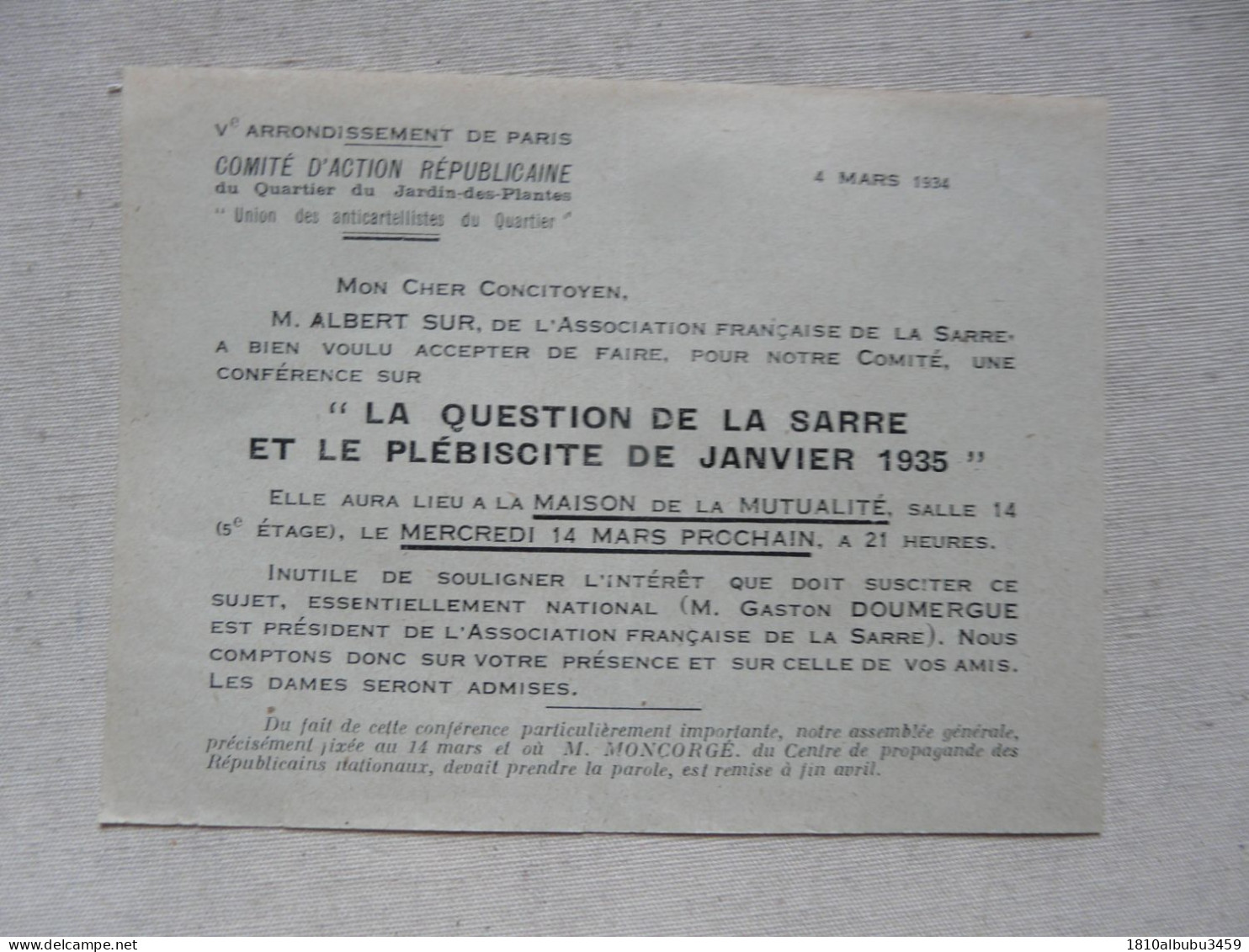 VIEUX PAPIERS - CONFERENCE SUR "La Question De La SARRE Et Le Plébiscite De Janvier 1935" - Programma's