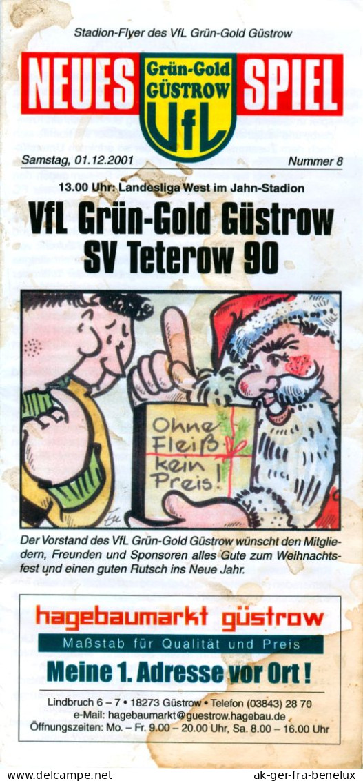 Fußball-Programm PRG VfL Grün-Gold Güstrow - SV Teterow 90 1. 12. 2001 BSG Einheit Motor Vorwärts Mecklenburg-Vorpommern - Programma's