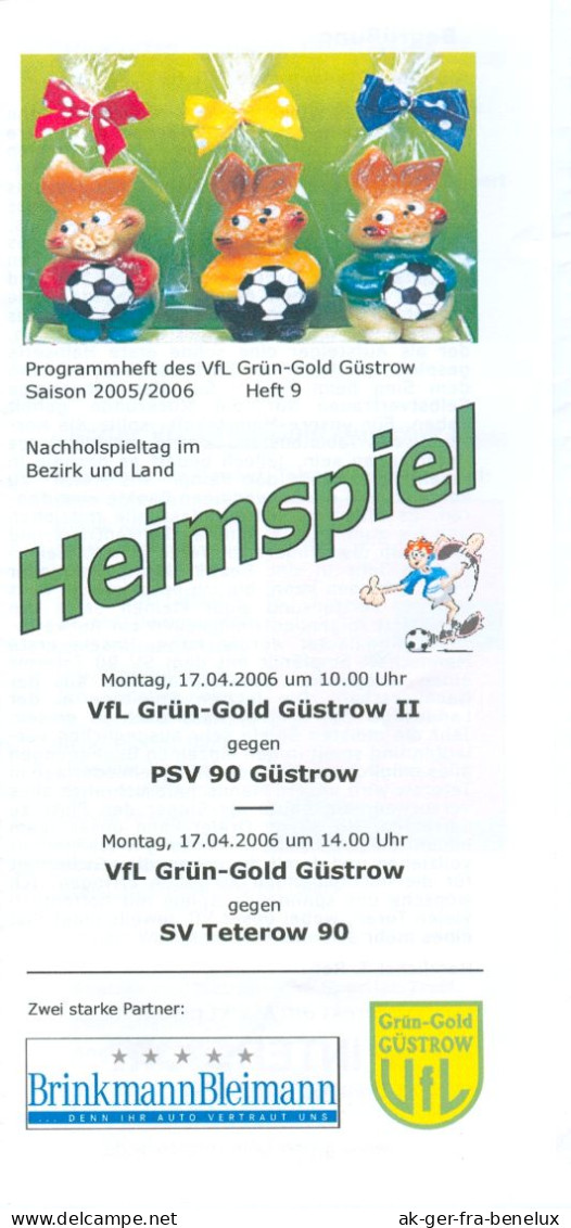 Fußball-Programm PRG VfL Grün-Gold Güstrow Vs SV Teterow 90 17. 4. 2006 BSG Einheit Motor PSV 90 Mecklenburg-Vorpommern - Programma's