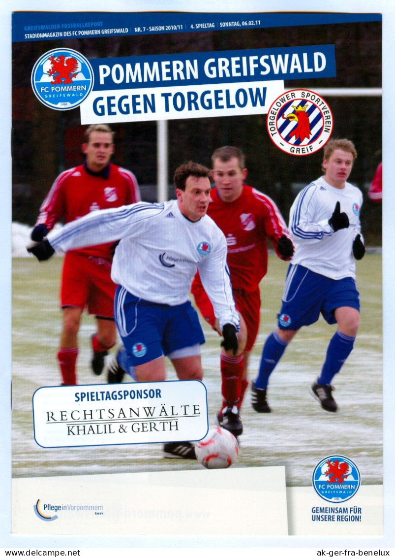 Fußball-Programm PRG FC Pommern Greifswald - Torgelower SV Greif 6. 2. 2011 SV 04 Greifswalder FC BSG Motor Vorpommern - Programma's