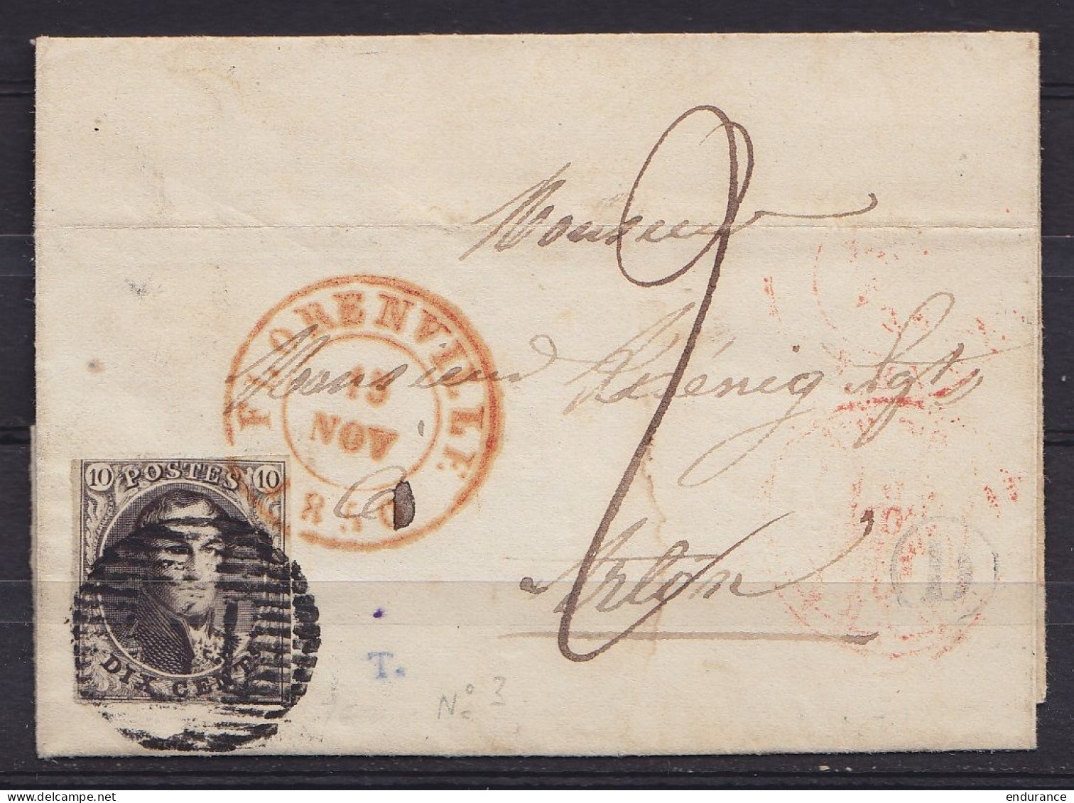 LSC (sans Texte) De Muno Affr. N°3 (cadre Présent) P41 Càd FLORENVILLE /15 NOV 1850 Pour ARLON - Boîte "D" - Taxée "2" C - 1849-1850 Medaillen (3/5)