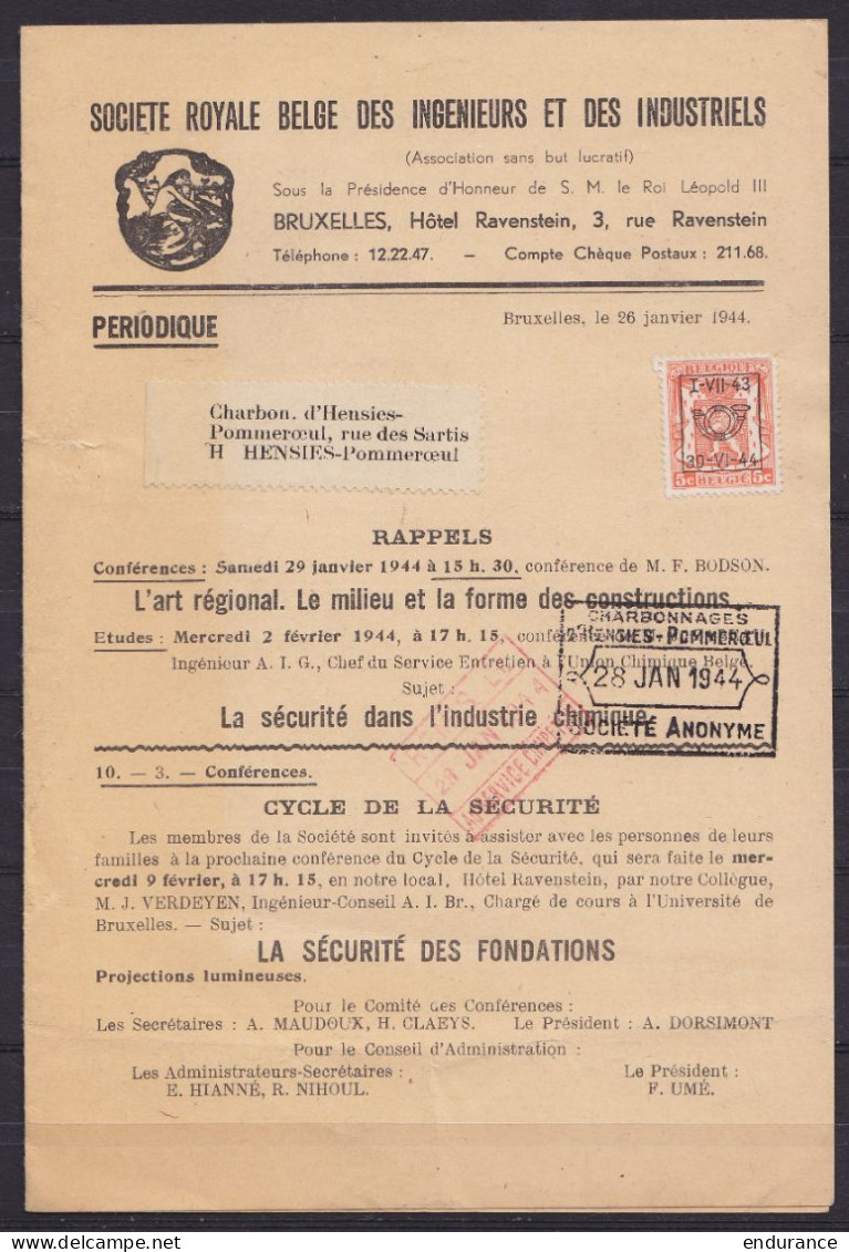 Dépliant Société Royale Belge Des Ingénieurs Et Industriels Affr. PREO PRE053 Pour Charbonnage D'HENSIES-POMMEROEUL Janv - Sobreimpresos 1936-51 (Sello Pequeno)