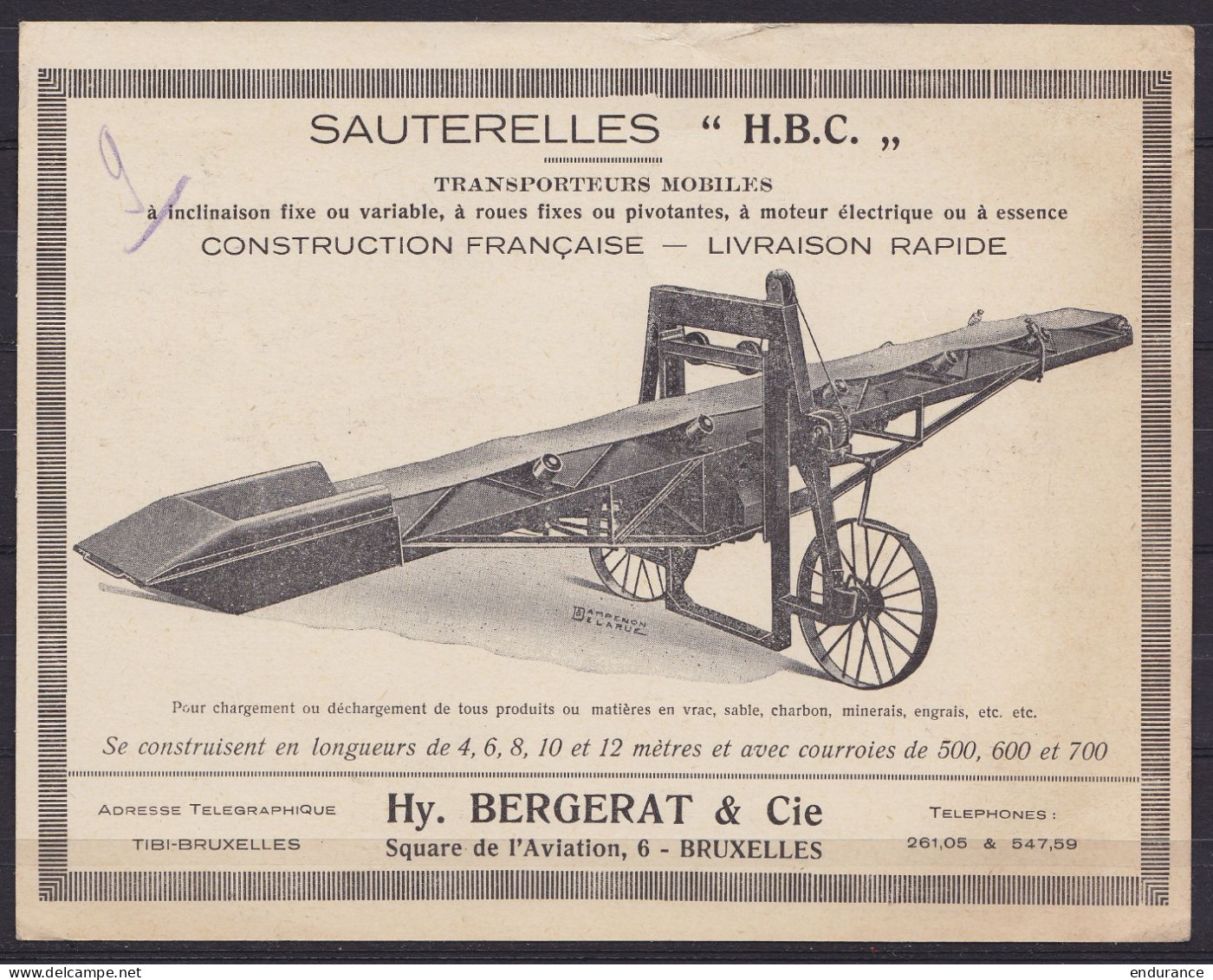 Carte-pub "Sauterelles HBC Bergerat Bruxelles" Affr. PREO Houyoux 5c [BRUXELLES /1927/ BRUSSEL] Pour Verreries Et Goblet - Typos 1922-31 (Houyoux)