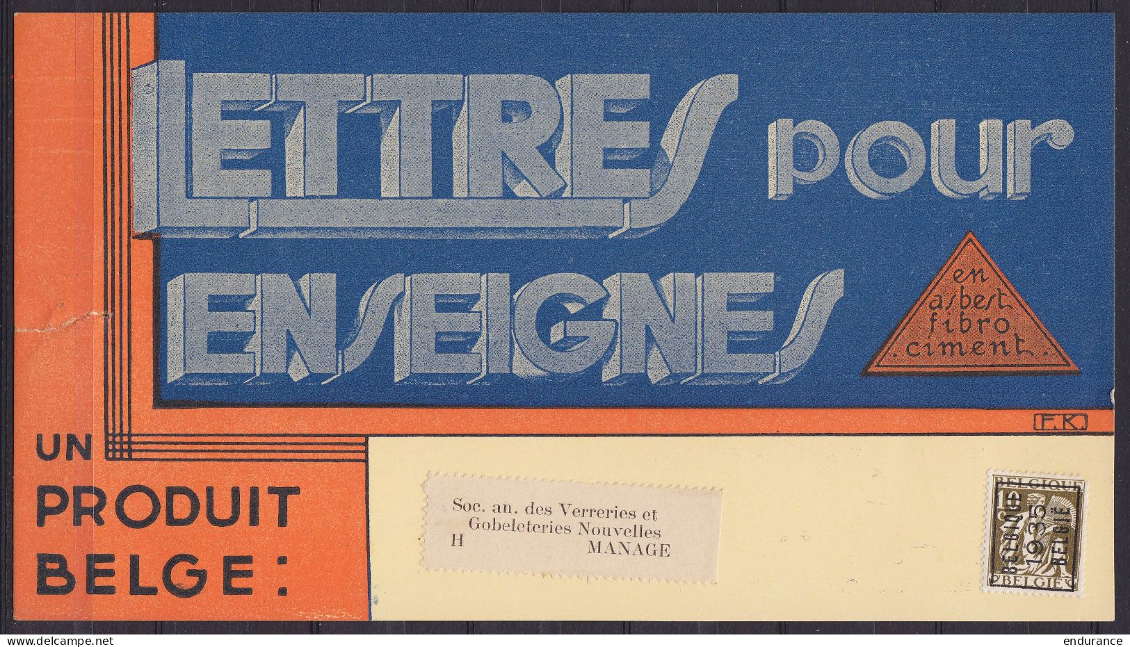 Carte-pub "Lettres Pour Enseignes St Croix Bruges" Affr. PREO (N°337) [Belgique /1935/ BELGIE] Pour Verreries Et Goblete - Typografisch 1932-36 (Ceres En Mercurius)