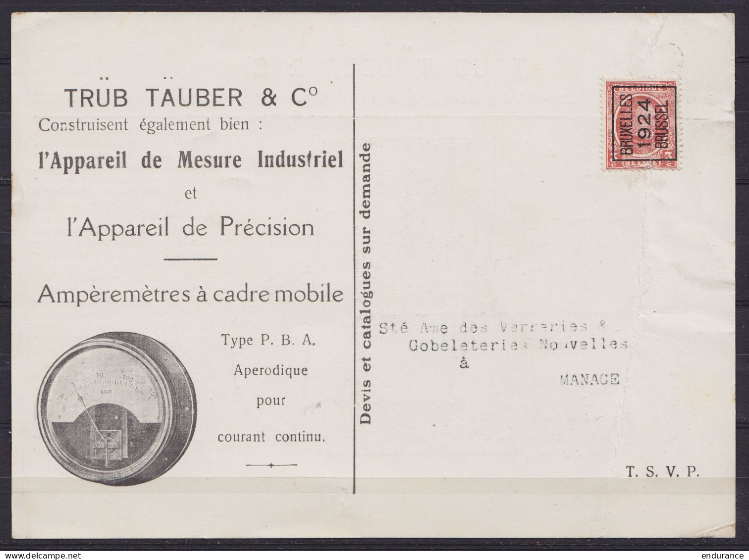 Carte-pub "Appareils De Mesure Trüb Täuber" Affr. PREO Houyoux 3c [BRUXELLES /1924/ BRUSSEL] Pour Verreries Et Gobleteri - Typos 1922-31 (Houyoux)