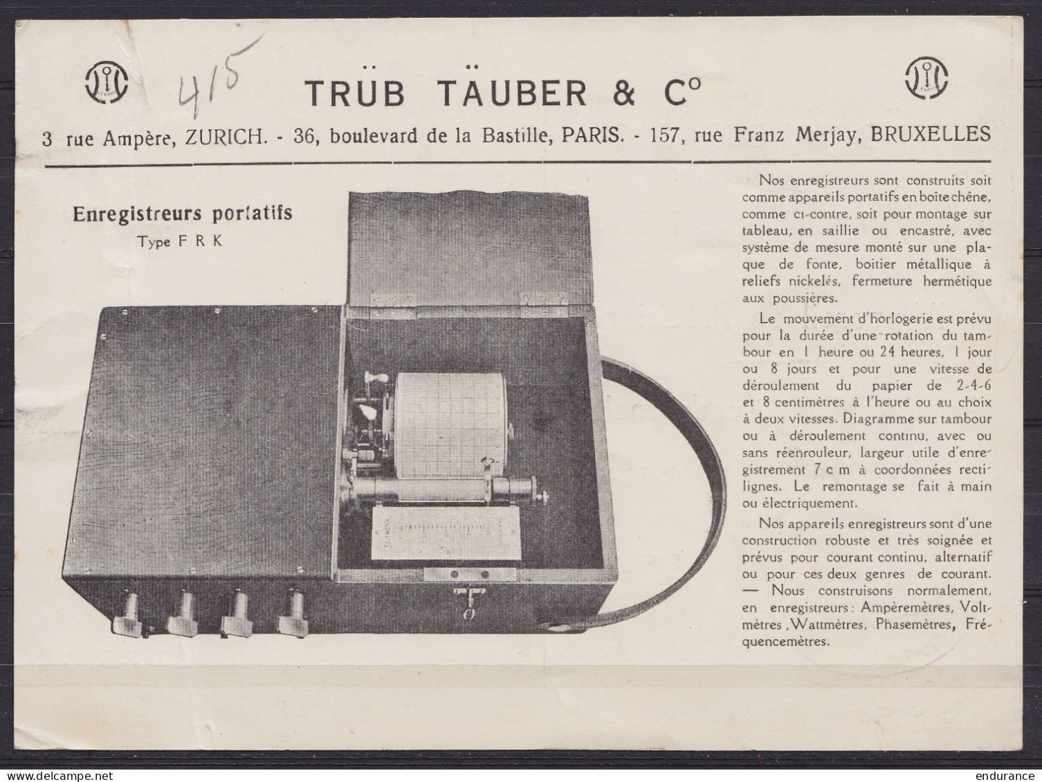 Carte-pub "Appareils De Mesure Trüb Täuber" Affr. PREO Houyoux 3c [BRUXELLES /1924/ BRUSSEL] Pour Verreries Et Gobleteri - Typos 1922-31 (Houyoux)