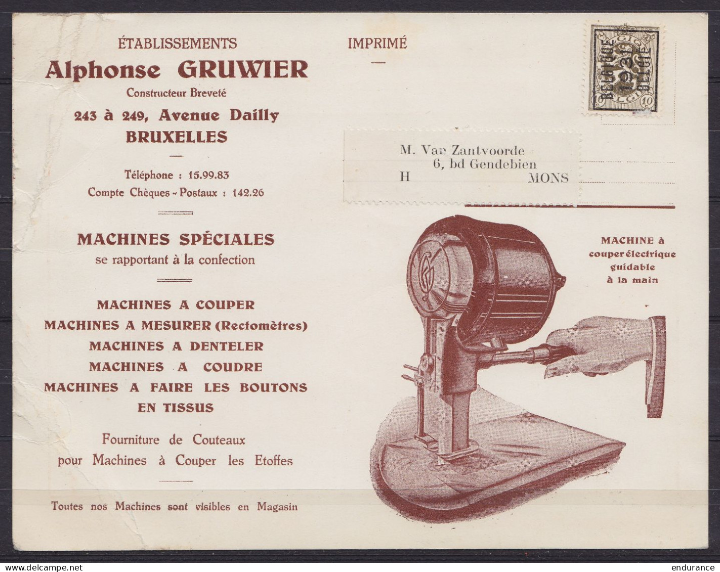 Carte-pub "Machines à Coudre Gruwier" Affr. PREO Lion Héraldique 10c [Belgique /1931/BELGIE] Pour MONS - Sobreimpresos 1929-37 (Leon Heraldico)