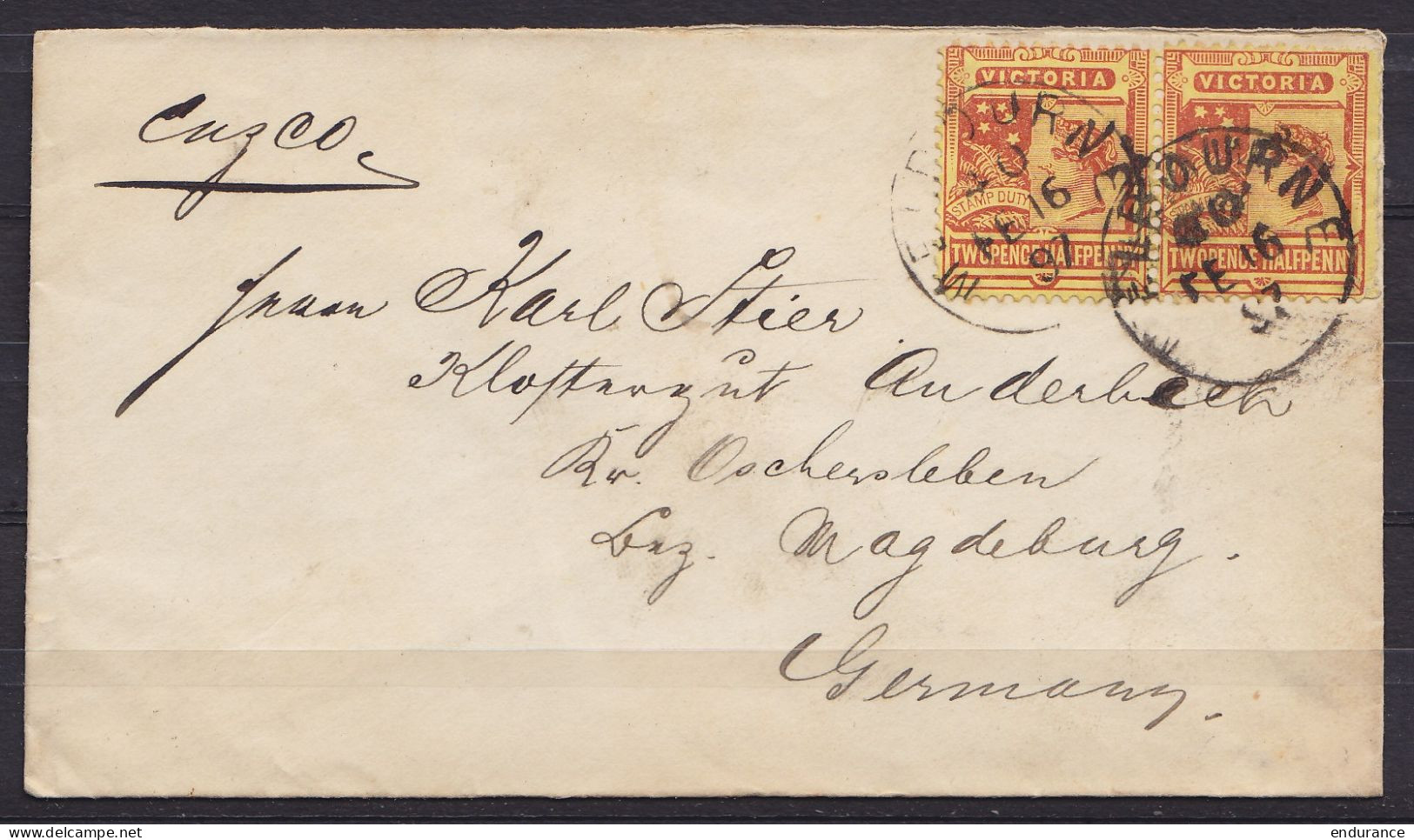 Australie (Victoria) - L. Affr. 5d Càd MELBOURNE /FE 16 1897 Pour MAGDEBURG (Allemagne) (au Dos: Càd ANDERBECK) - Briefe U. Dokumente
