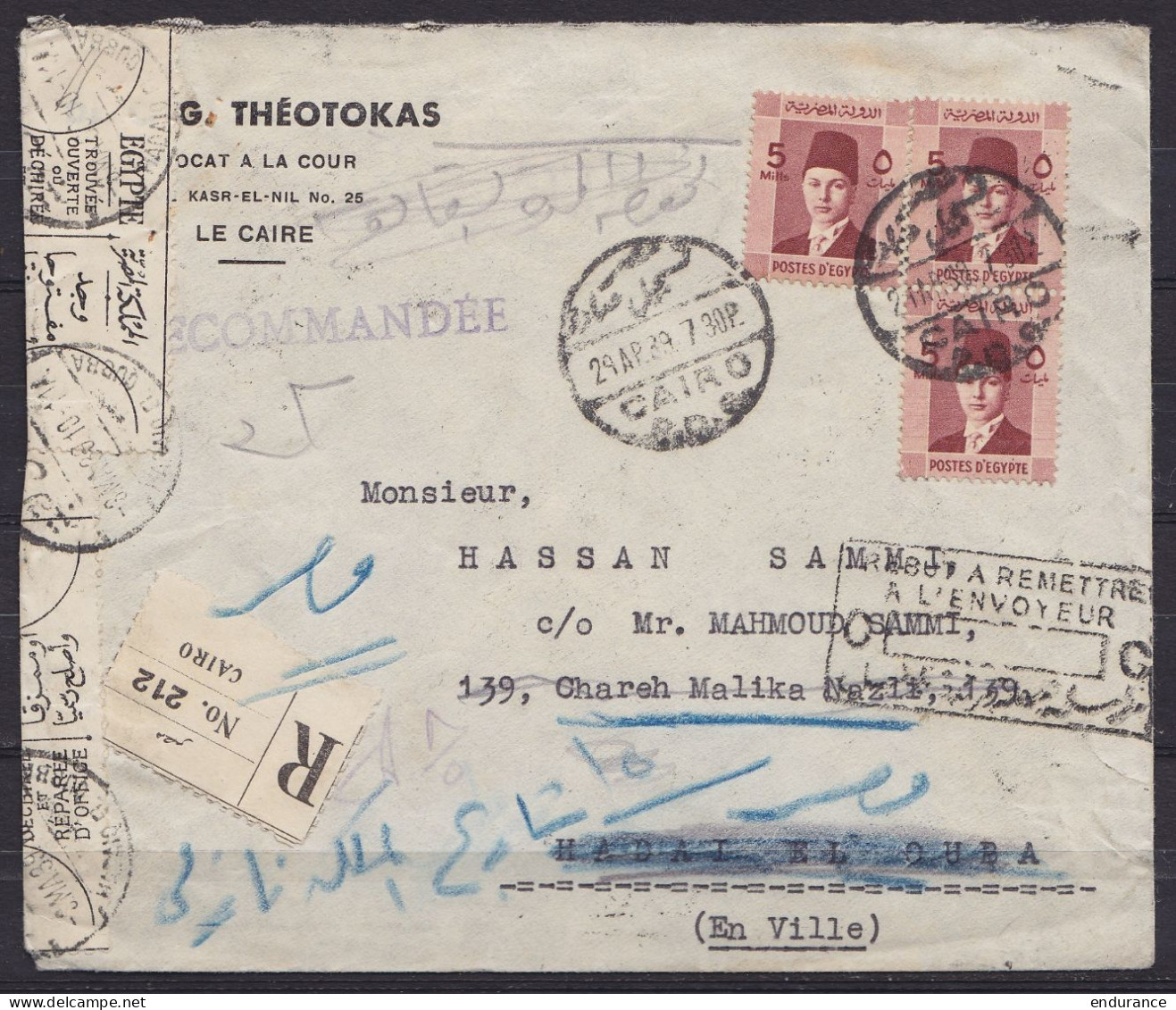 Egypte - L. Recommandée Avocat Affr. 15m Càd CAIRO /29 APR 1939 Pour HADAI EL  OUBA Réparée Et Réexpédié (voir Annotatio - Storia Postale