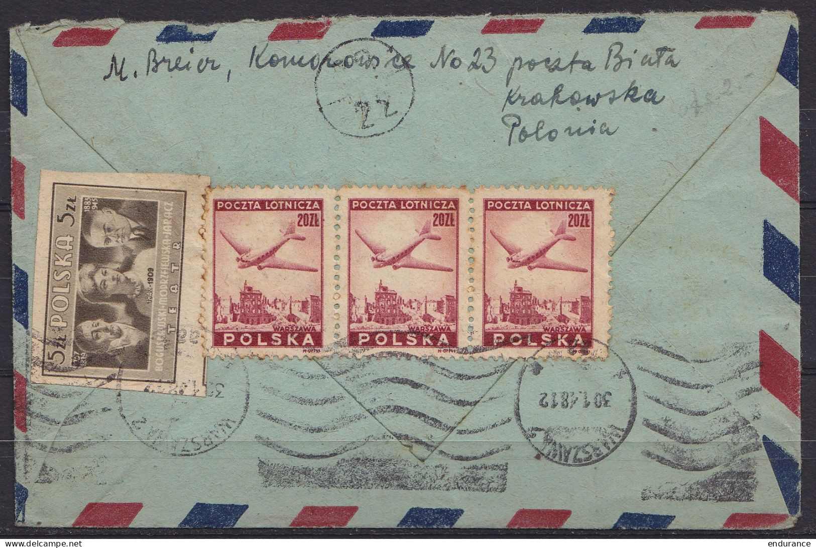 Pologne - L. Avion De KRAKOWSKA Affr.105zt Càpt BIELSKO /26.1.1948 Pour BUENOS AIRES (au Dos: Complément Affranchissemen - Cartas & Documentos