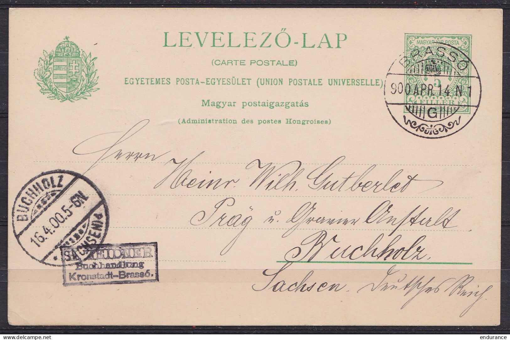 Hongrie - CP EP 5f De KRONSTADT Càpt BRASSO /14 APR 1900 Pour BUCHHOLZ (Sachsen) - Covers & Documents