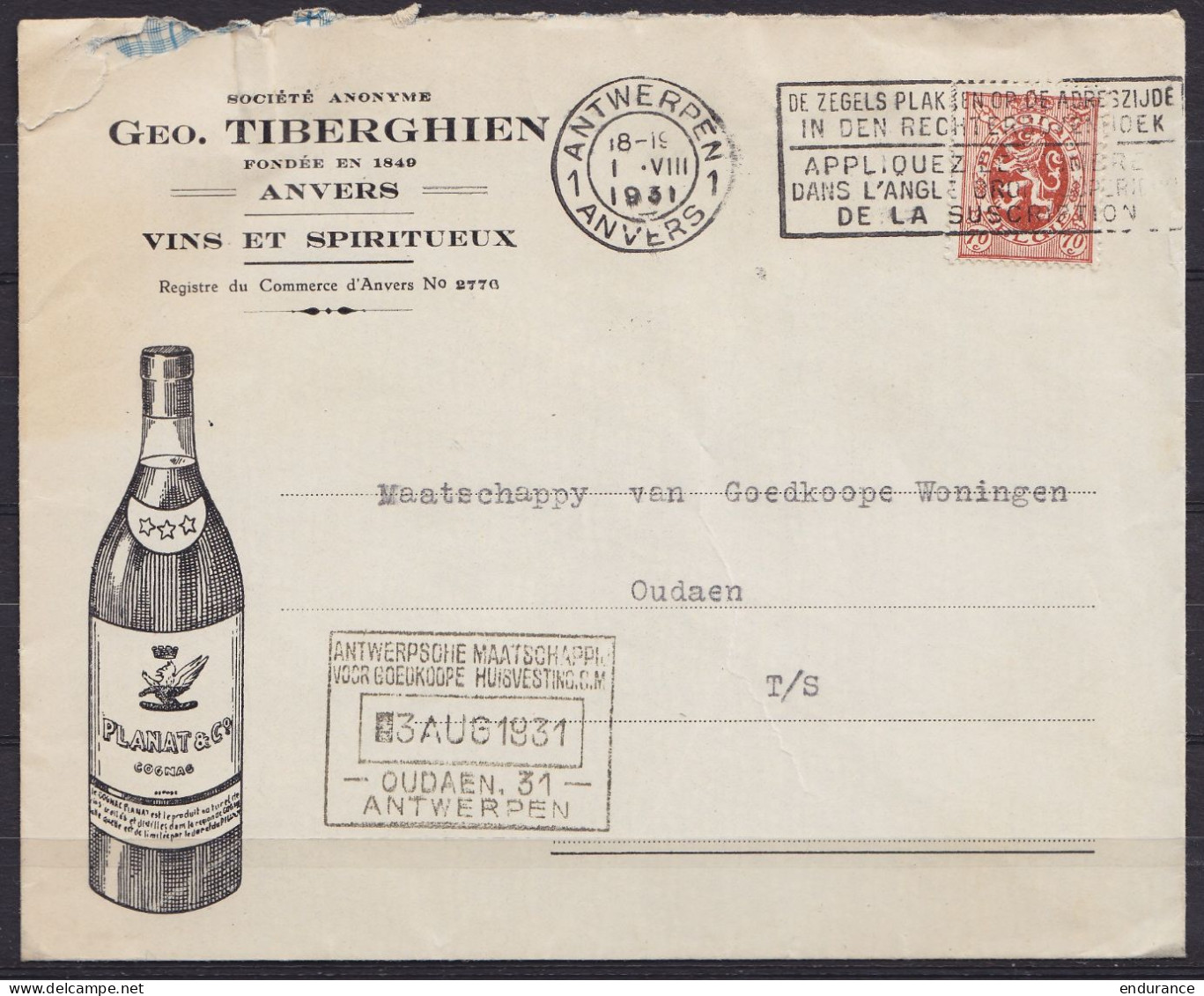L. "Vins Et Spiritueux TIBERGHIEN" Affr.287 Flam. ANTWERPEN 1 /1.VIII.1931 Pour E/V (illustration Bouteille) - 1929-1937 Leone Araldico